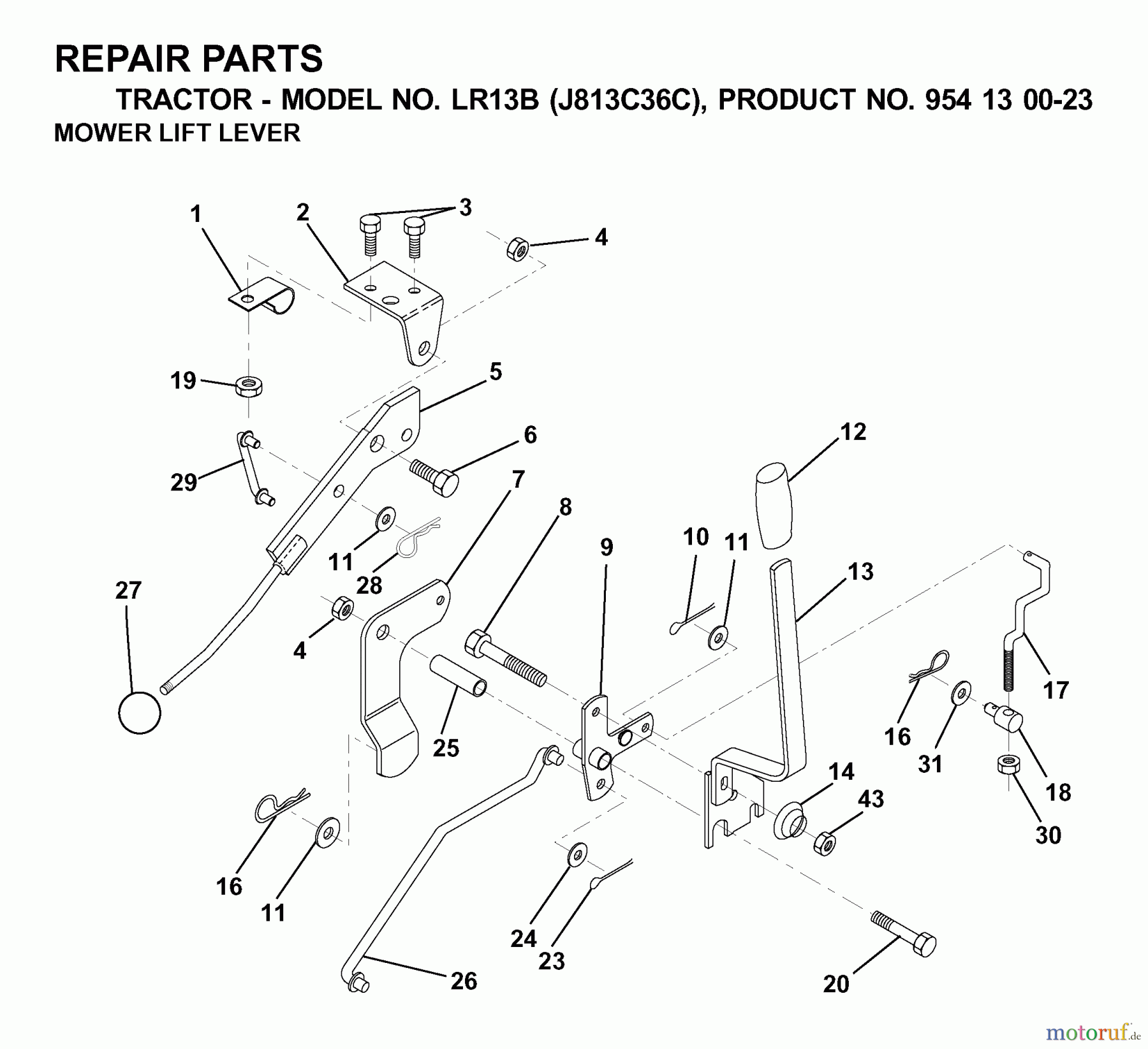  Jonsered Rasen  und Garten Traktoren LR13B (J813C36C, 954130023) - Jonsered Lawn & Garden Tractor (2000-03) MOWER LIFT LEVER