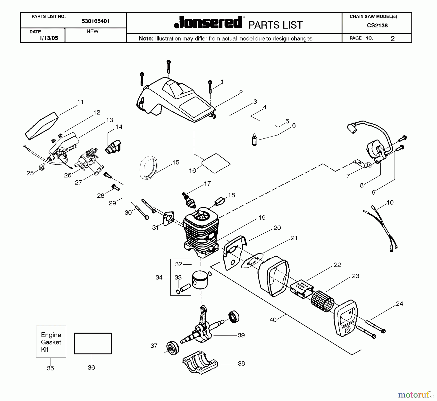 Jonsered Motorsägen CS2138 - Jonsered Chainsaw (2005-01) CYLINDER PISTON MUFFLER