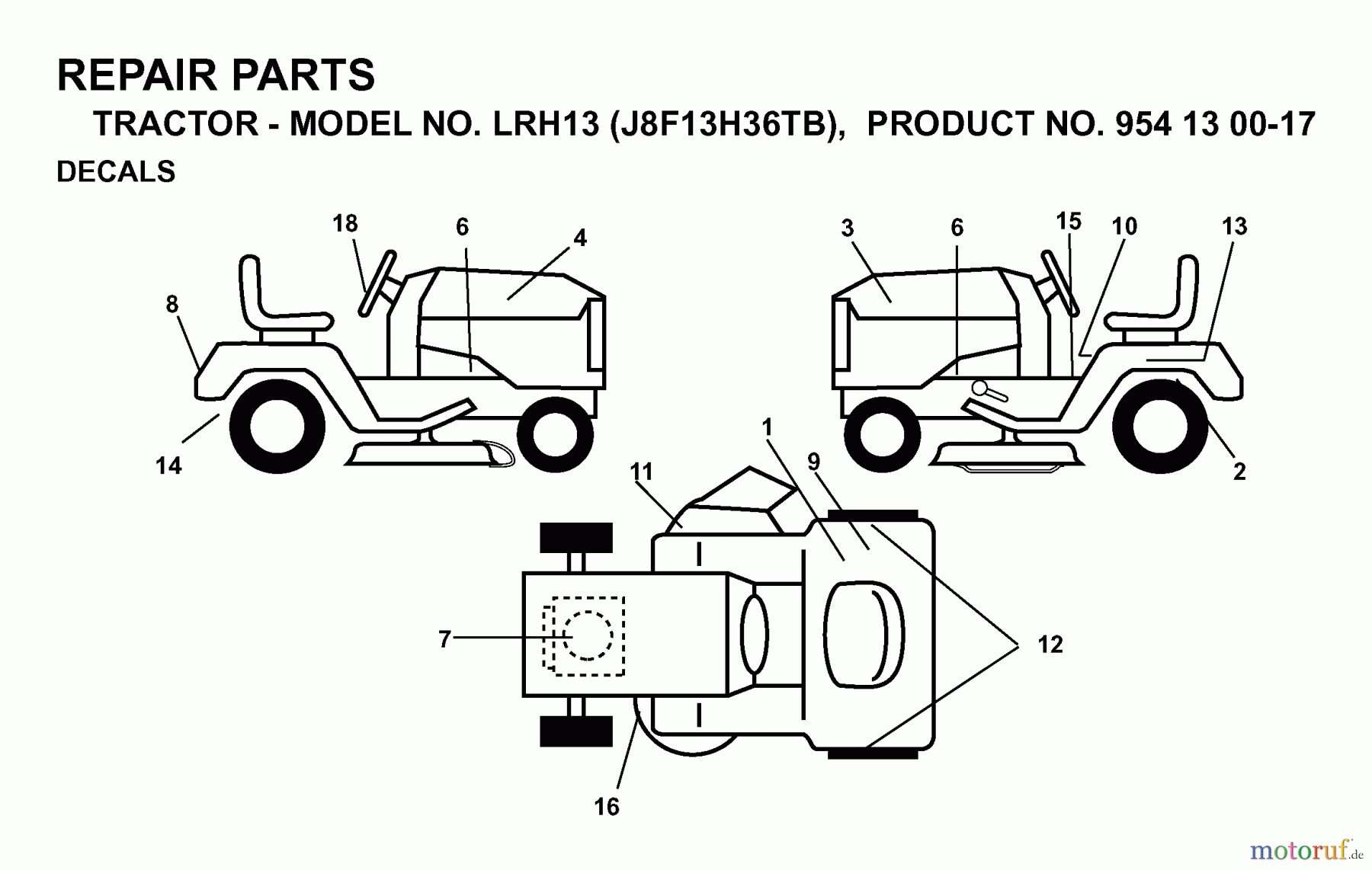  Jonsered Rasen  und Garten Traktoren LRH13 (J8F13H36TB, 954130017) - Jonsered Lawn & Garden Tractor (1998-12) DECALS