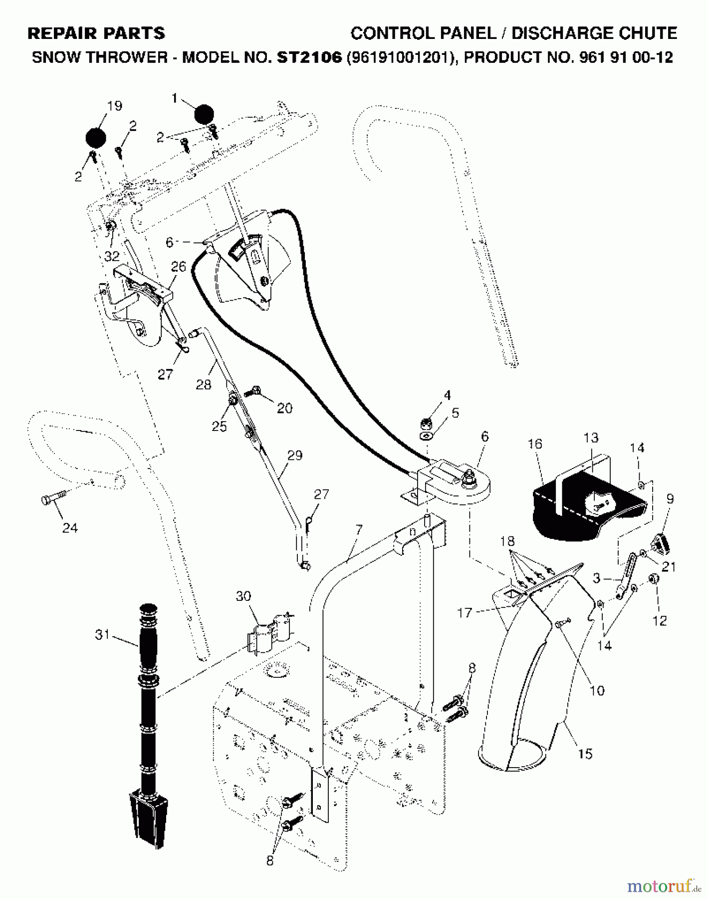  Jonsered Schneefräsen ST 2106 (961910012, 96191001201) - Jonsered Snow Thrower (2007-01) CONTROL PANEL DISCHARGE CHUTE