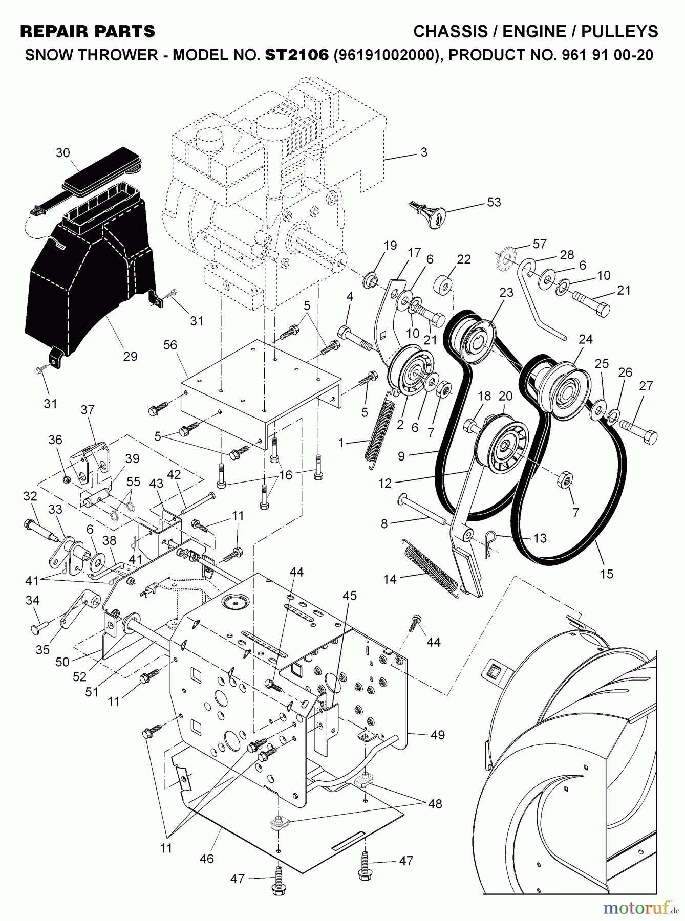  Jonsered Schneefräsen ST 2106 (96191002000) - Jonsered Snow Thrower (2007-07) CHASSIS ENGINE PULLEYS