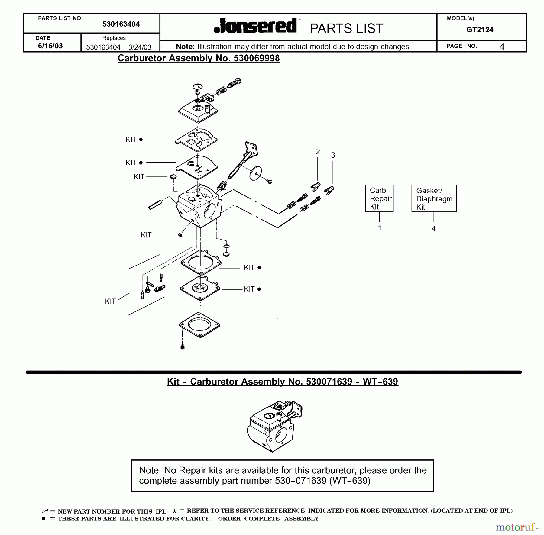  Jonsered Motorsensen, Trimmer GT2124 - Jonsered String/Brush Trimmer (2004-01) CARBURETOR DETAILS