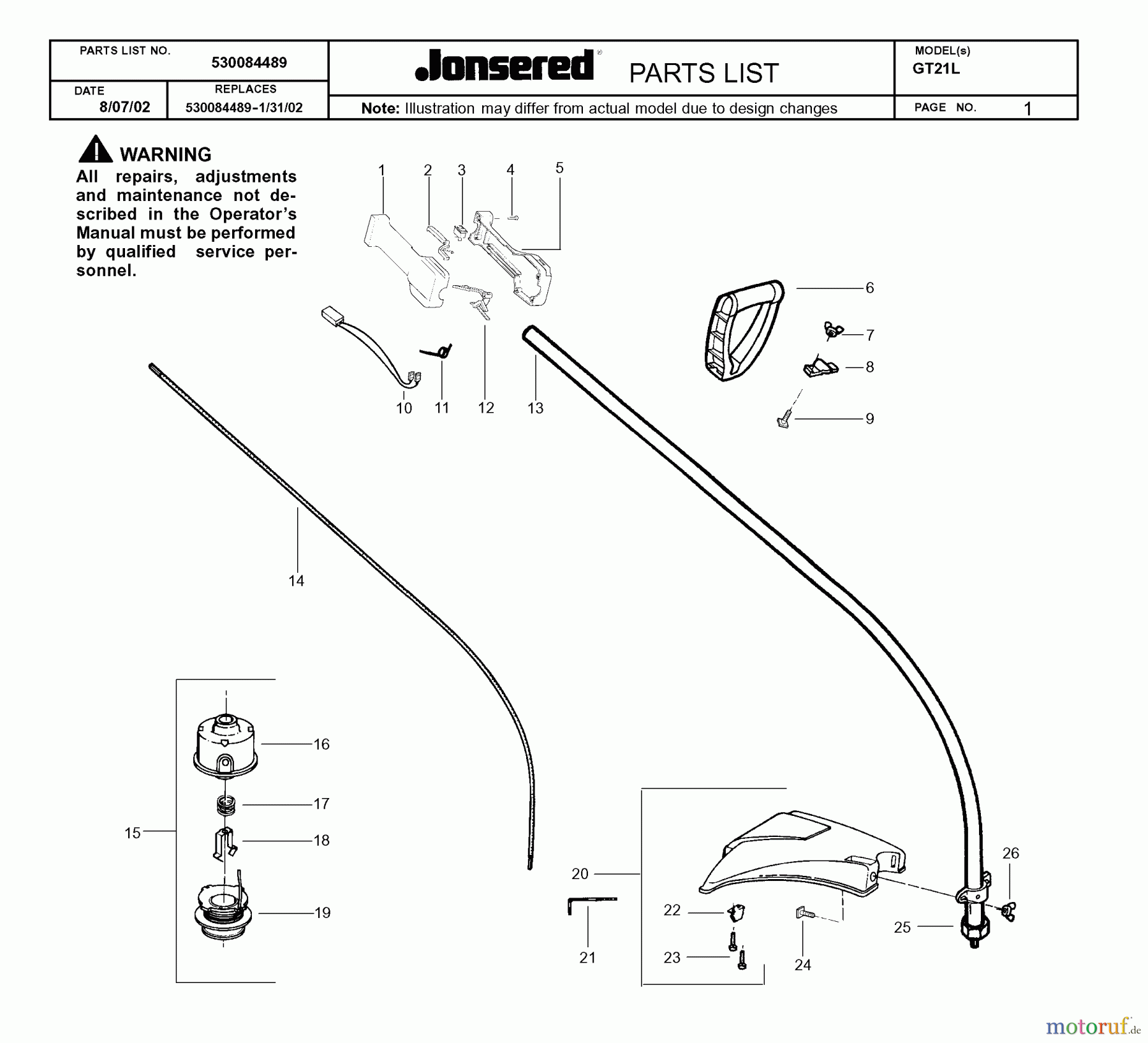  Jonsered Motorsensen, Trimmer GT21L - Jonsered String/Brush Trimmer (2002-08) SHAFT HANDLE