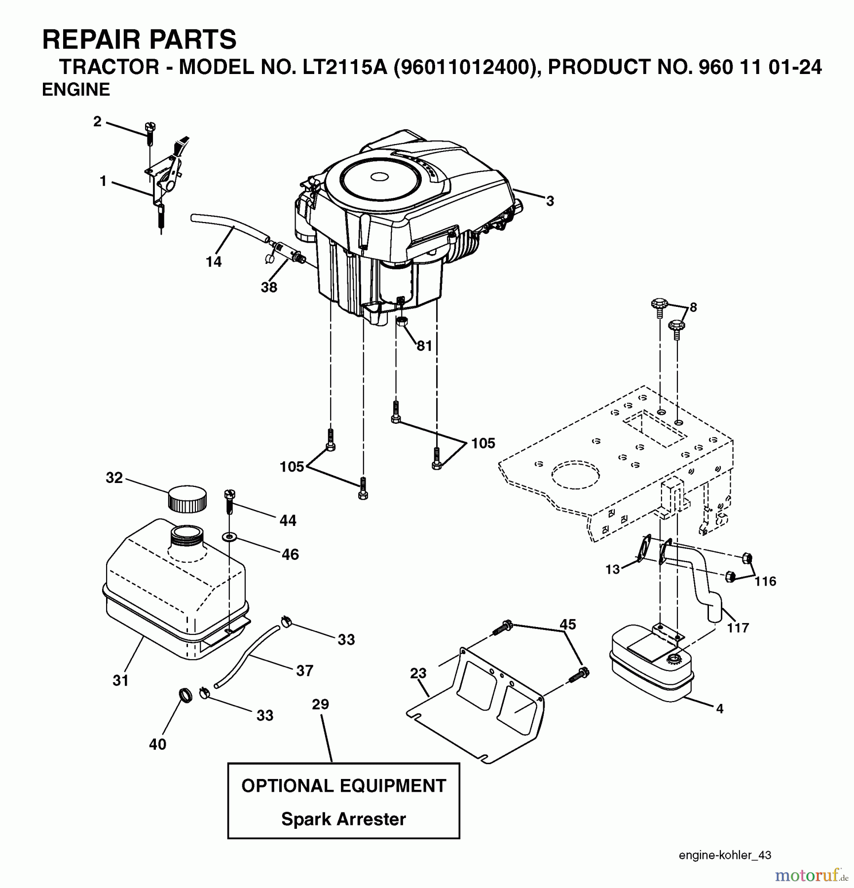 Jonsered Rasen  und Garten Traktoren LT2115 A (96011012400) - Jonsered Lawn & Garden Tractor (2006-01) ENGINE