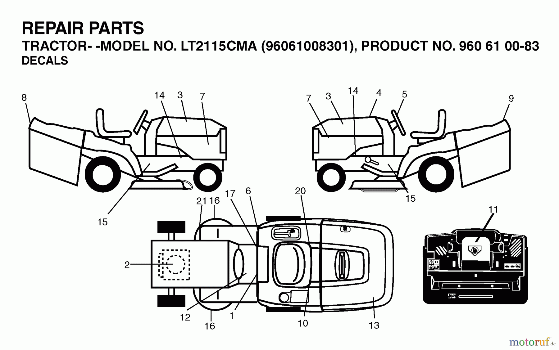  Jonsered Rasen  und Garten Traktoren LT2115 CMA (96061008301) - Jonsered Lawn & Garden Tractor (2006-06) DECALS
