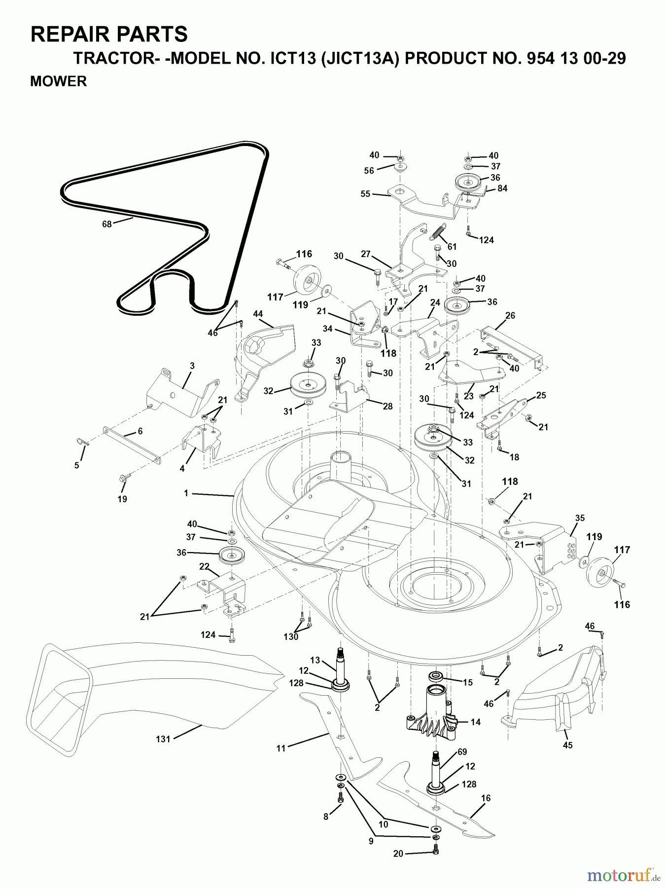 Jonsered Rasen  und Garten Traktoren ICT13 (JICT13A, 954130029) - Jonsered Lawn & Garden Tractor (1999-03) MOWER DECK / CUTTING DECK