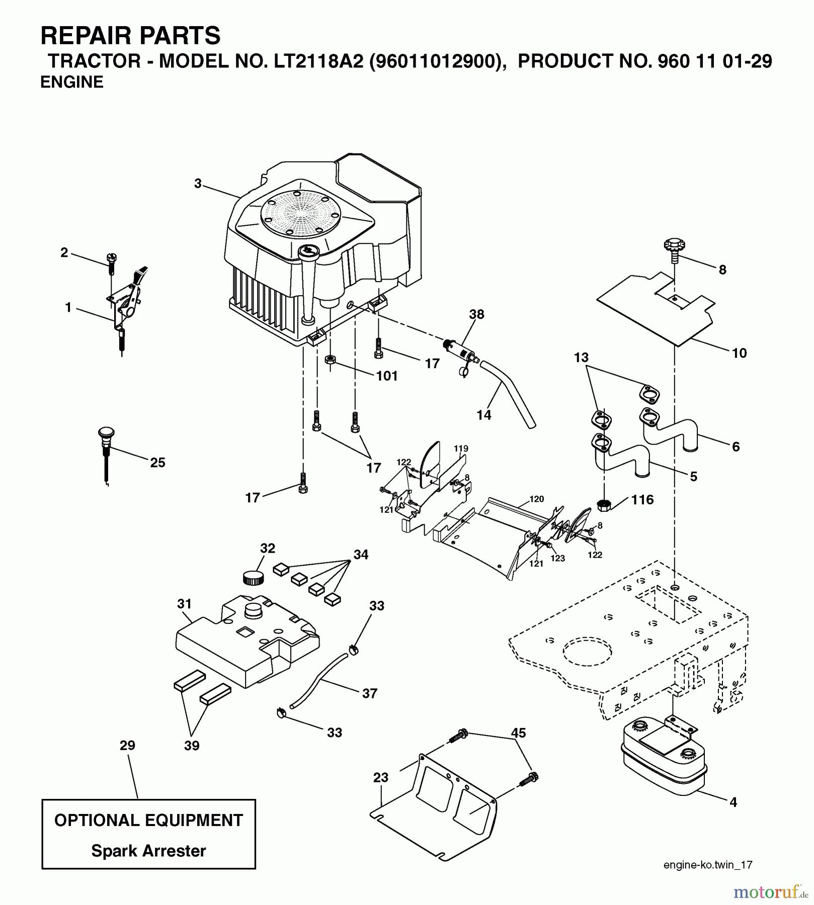  Jonsered Rasen  und Garten Traktoren LT2118 A2 (96011012900) - Jonsered Lawn & Garden Tractor (2006-01) ENGINE