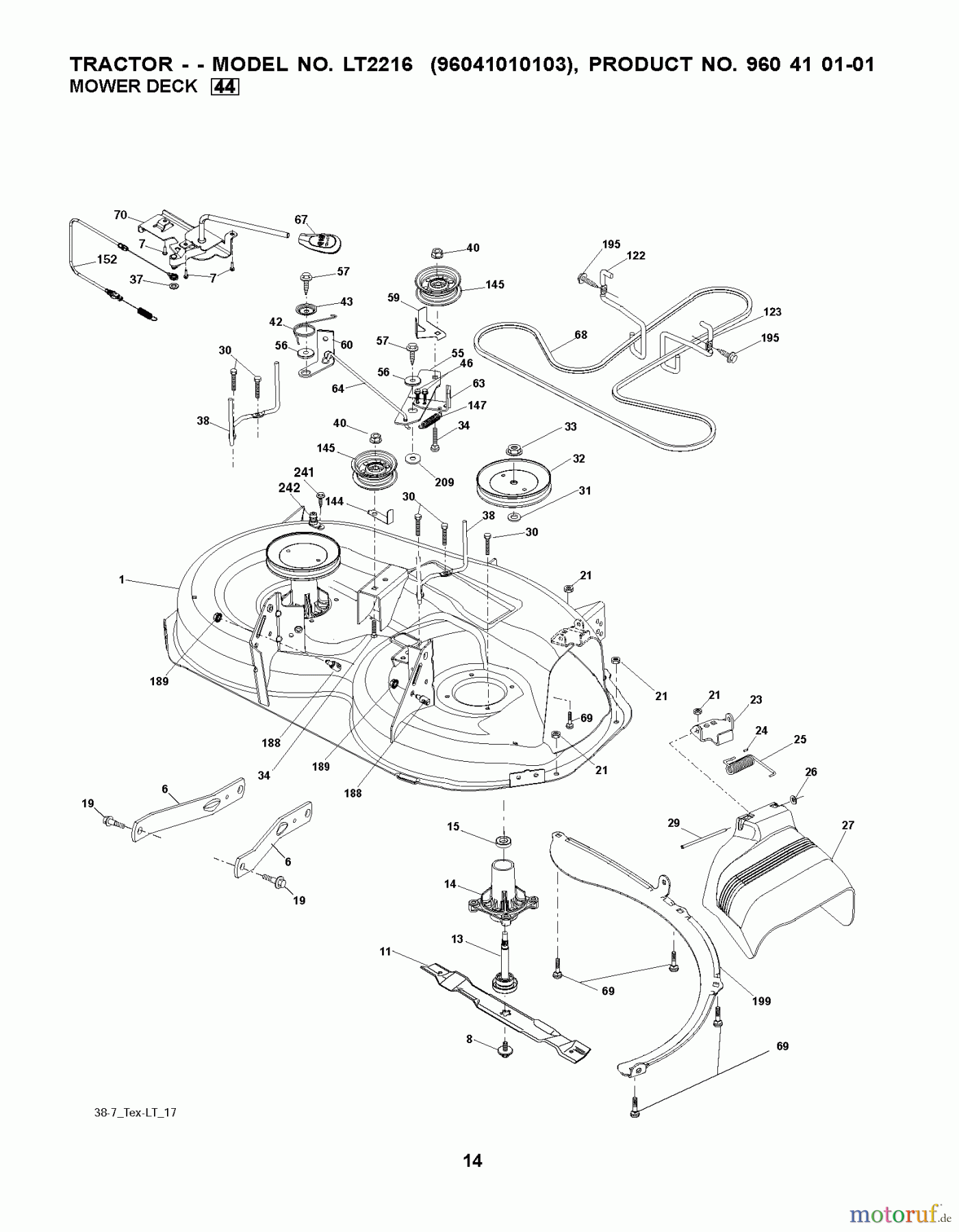 Jonsered Rasen und Garten Traktoren LT2216 (96041010104) - Jonsered Lawn & Garden Tractor (2011-01) MOWER DECK / CUTTING DECK