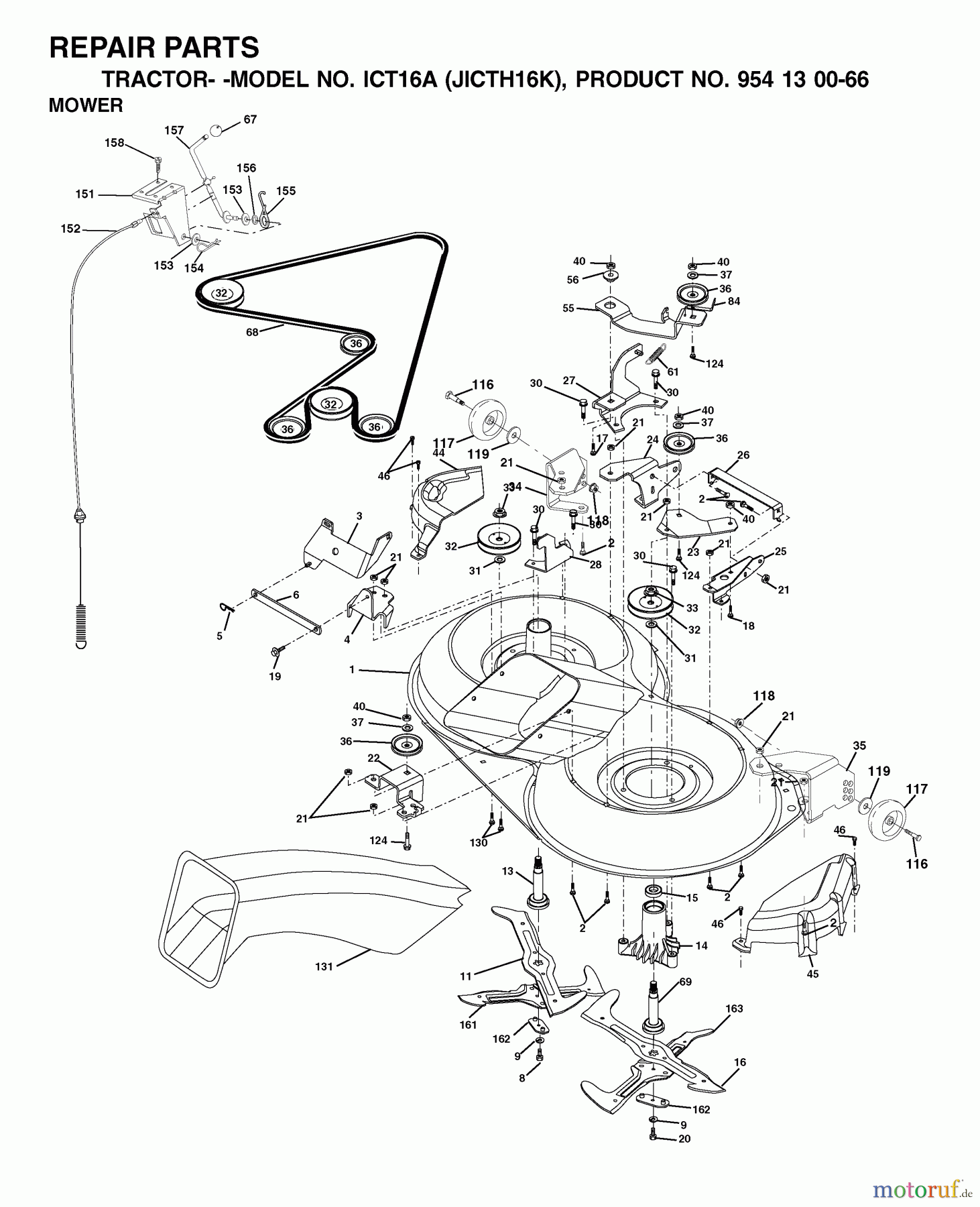  Jonsered Rasen  und Garten Traktoren ICT16A (JICTH16K, 954130066) - Jonsered Lawn & Garden Tractor (2002-06) MOWER DECK / CUTTING DECK
