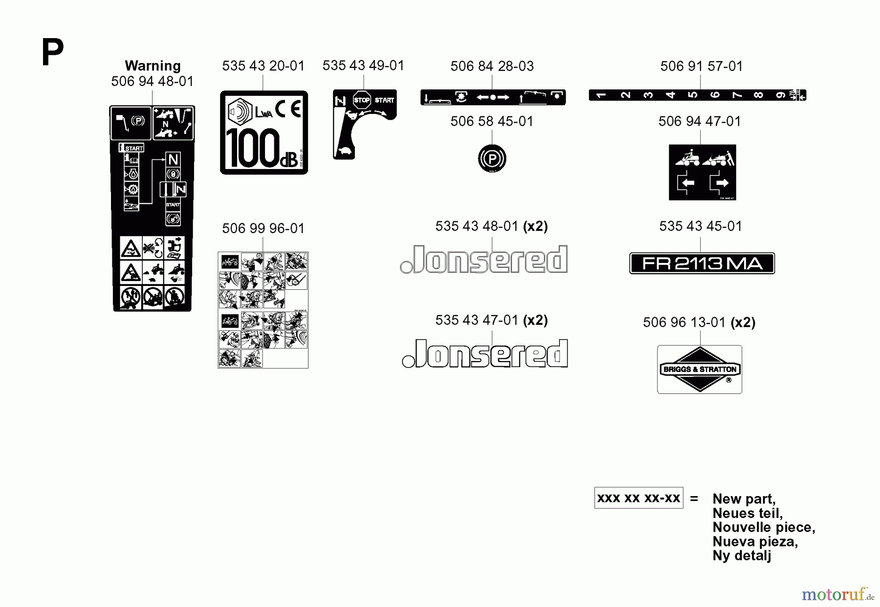  Jonsered Reitermäher FR2113 MA (965070601) - Jonsered Rear-Engine Riding Mower (2006-01) DECALS