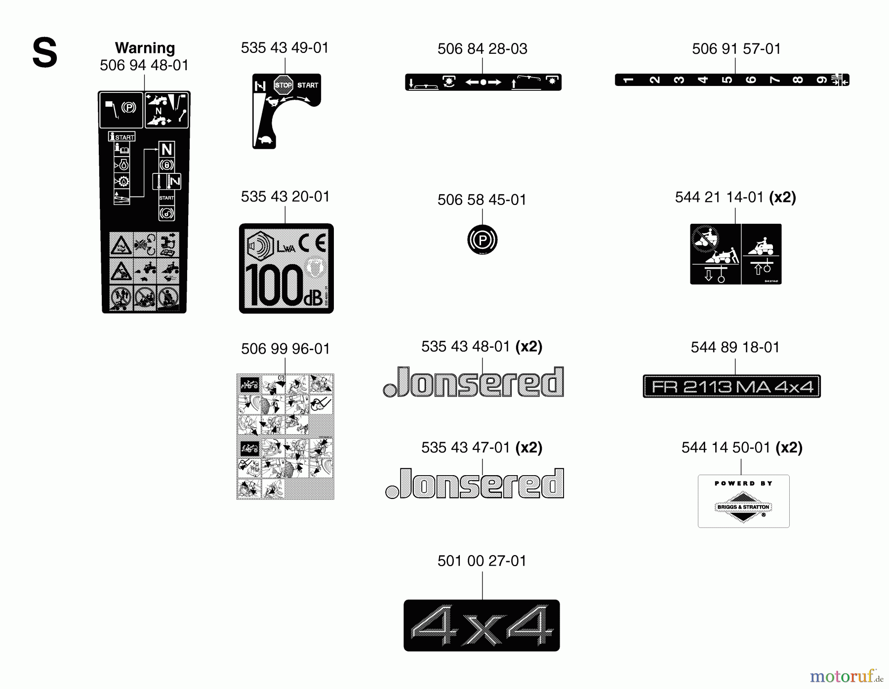  Jonsered Reitermäher FR2113 MA 4X4 - Jonsered Rear-Engine Riding Mower (2007-01) DECALS