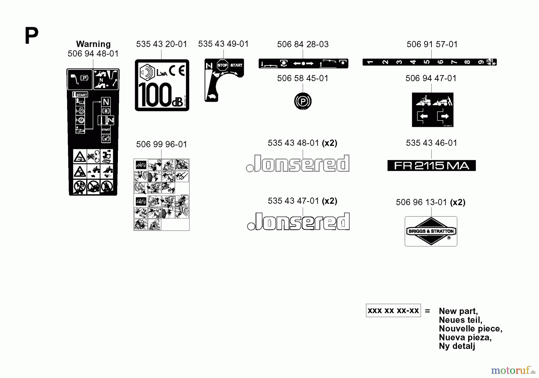  Jonsered Reitermäher FR2115 MA (965070701) - Jonsered Rear-Engine Riding Mower (2006-01) DECALS