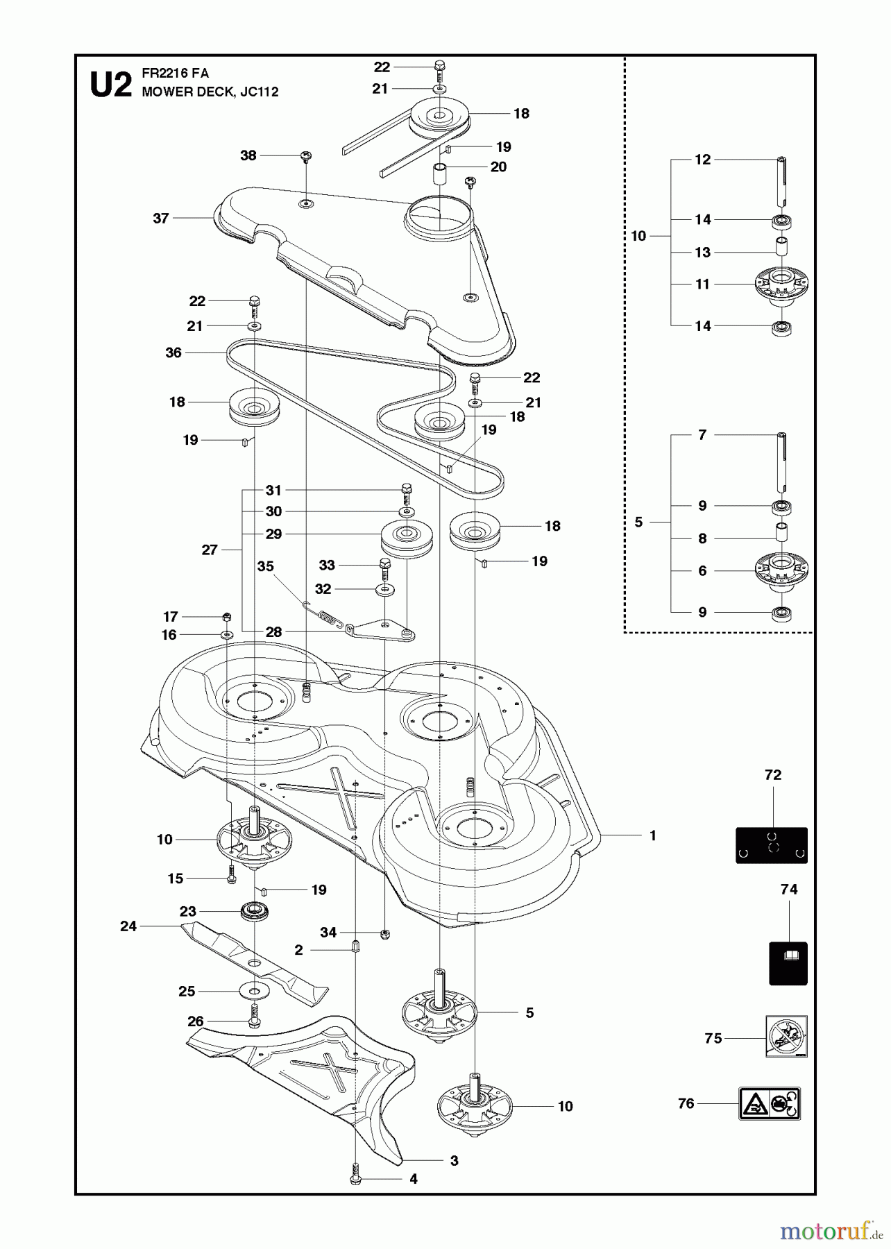 Jonsered Reitermäher FR2216 FA (966773601) - Jonsered Rear-Engine Riding Mower (2012) MOWER DECK / CUTTING DECK #4