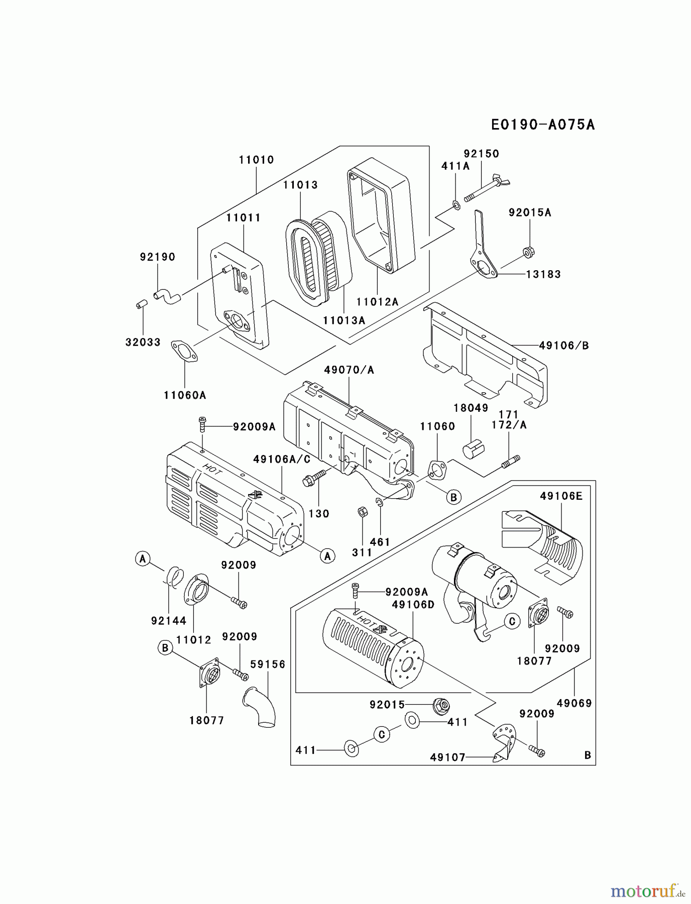  Kawasaki Motoren Motoren, Horizontal FE120D-BS01 - Kawasaki FE120D 4-Stroke Engine AIR-FILTER/MUFFLER