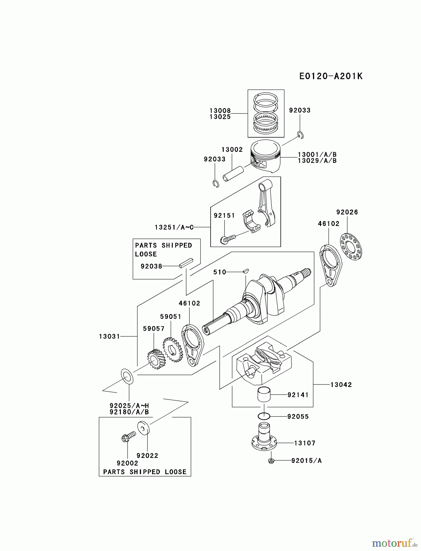 Kawasaki Motoren Motoren, Horizontal FE400D-BS01 - Kawasaki FE400D 4-Stroke Engine PISTON/CRANKSHAFT