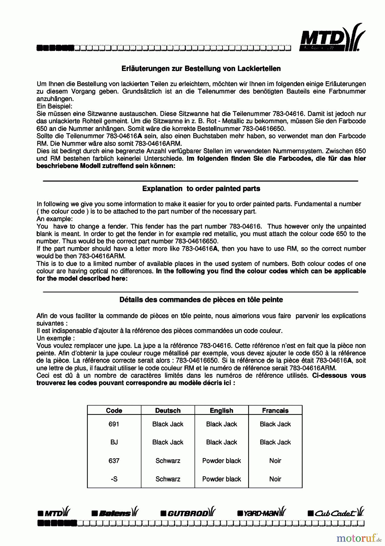  MTD ältere Modelle Rasentraktoren 15,5/107 13AM763G662  (2007) Farbcode Information