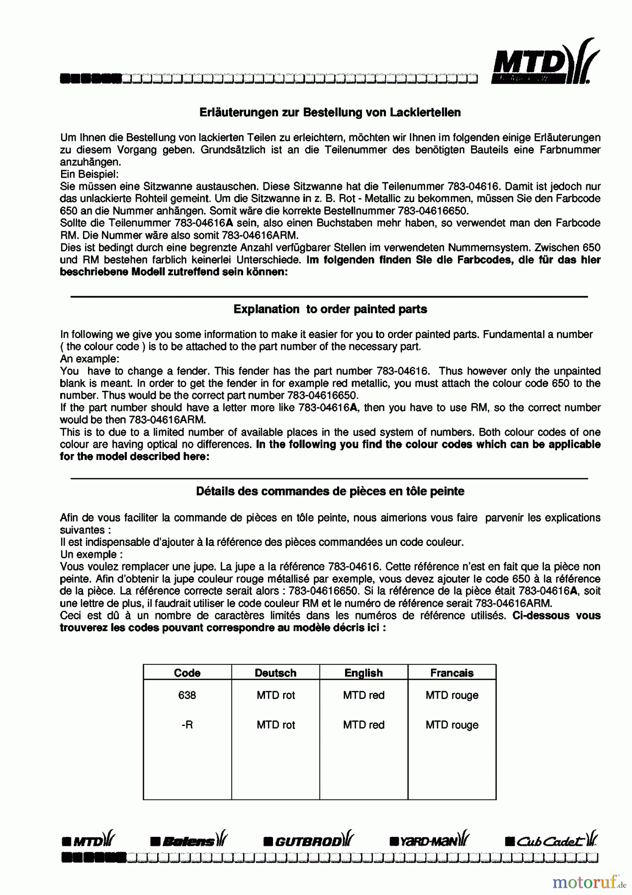  Florica Rasentraktoren 12/76 HN 134K671C638  (1994) Farbcode Information