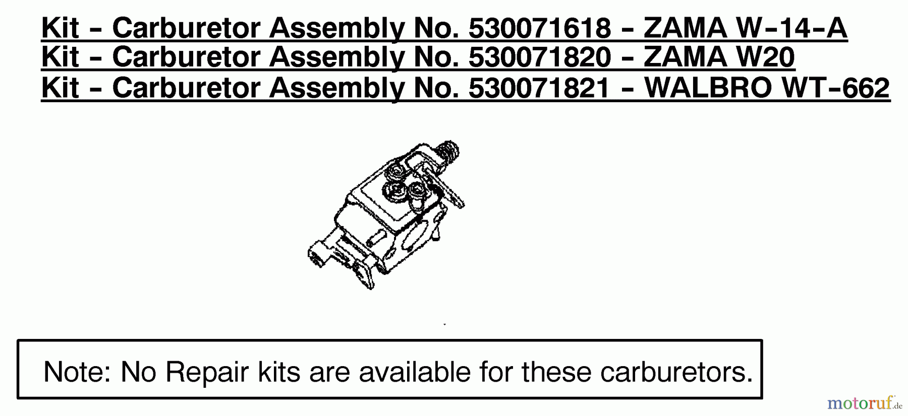 Poulan / Weed Eater Motorsägen 1975 (Type 3) - Poulan Woodshark Chainsaw Carburetor Assembly (Zama W-14-A) P/N 530071618