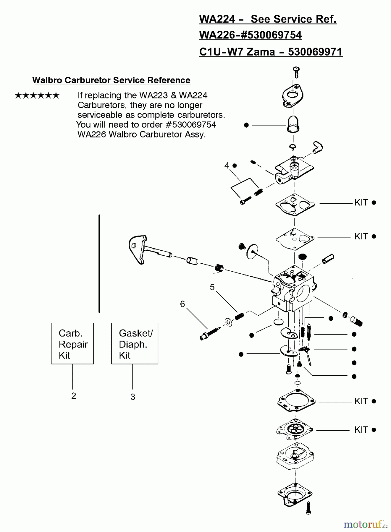  Poulan / Weed Eater Motorsensen, Trimmer XT25 - Weed Eater String Trimmer Carburetor Assembly (WA224), (WA226) P/N 530069754, (Zama C1U-W7) P/N 530069971