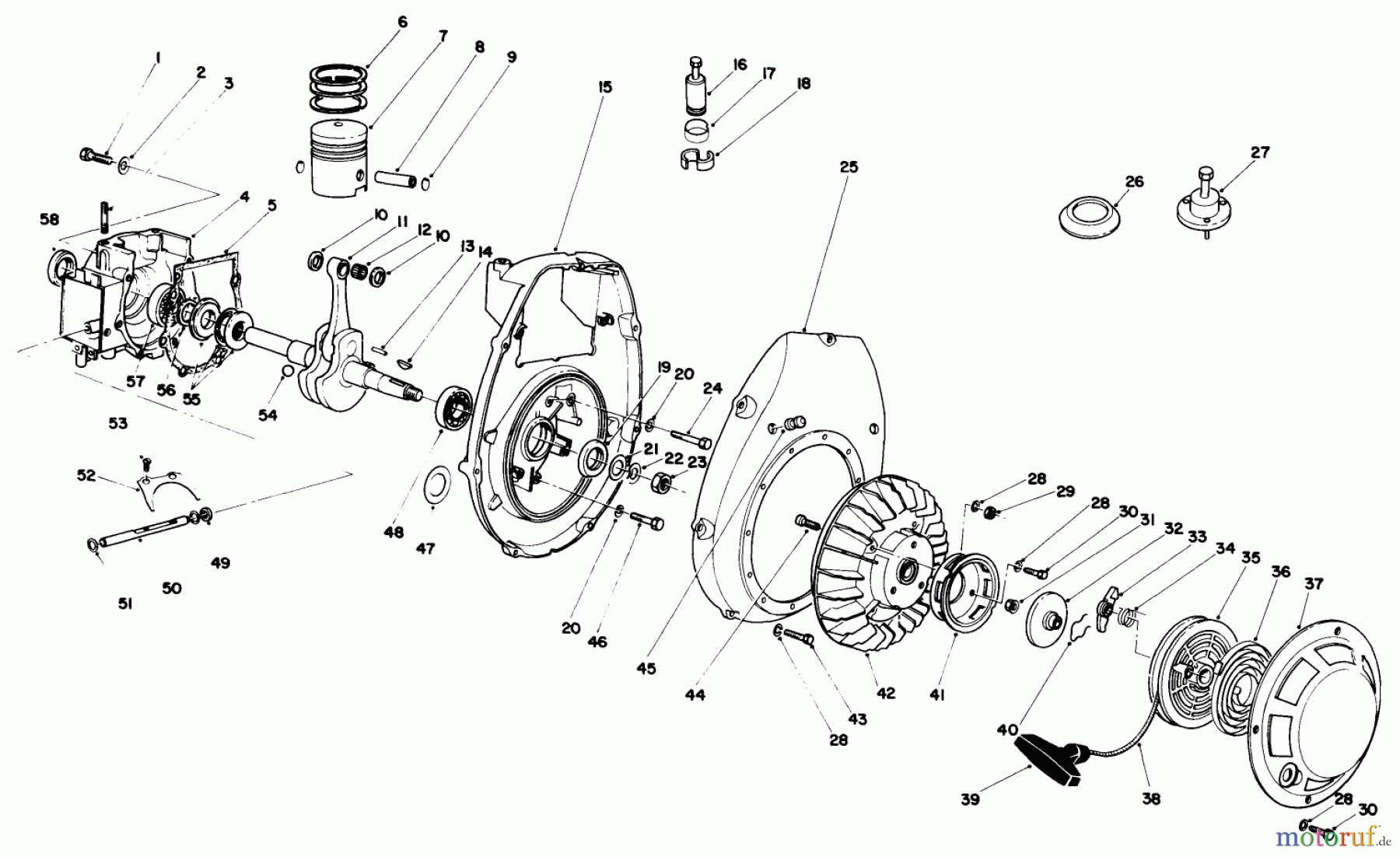 Toro Neu Mowers, Drive Unit Only 30113 - Toro Mid-Size Proline Gear Traction Unit, 8 hp, 1987 (7000001-7999999) CRANKCASE & FLYWHEEL ASSEMBLY