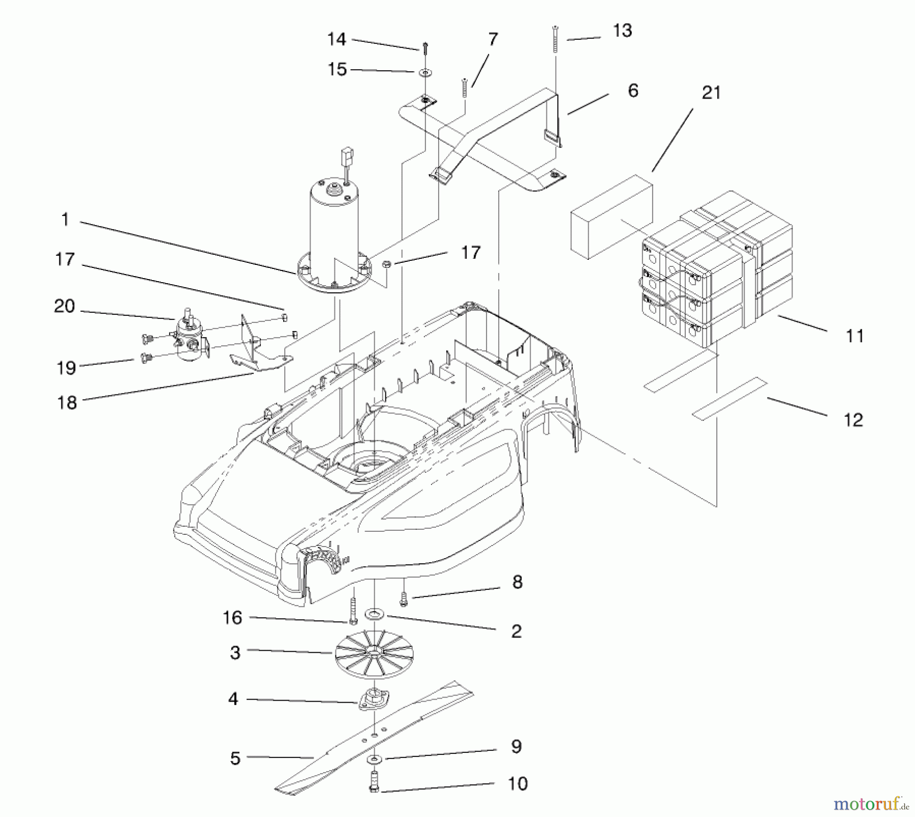  Toro Neu Mowers, Electric 20650 - Toro Carefree Recycler Electric Mower, E36, 1998 (89000001-89999999) MOTOR, BATTERIES AND BLADE ASSEMBLY