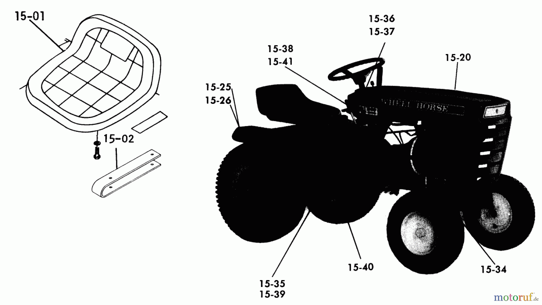  Toro Neu Mowers, Lawn & Garden Tractor Seite 1 1-0141 (B-80) - Toro B-80 4-Speed Tractor, 1975 B-100 PARTS MANUAL 15.000 SEATS, DECALS, MISC. TRIM (FIG. 15)