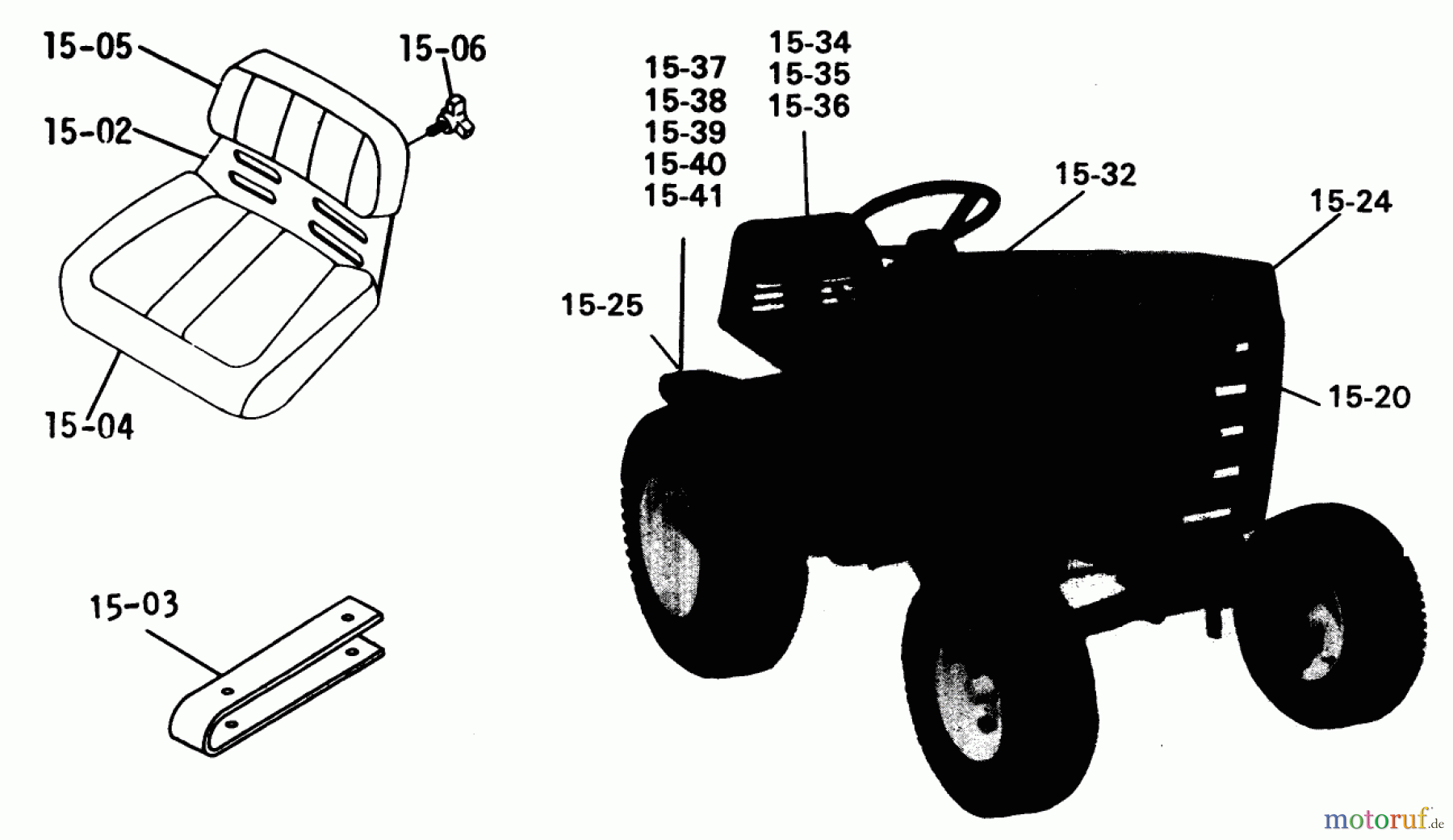  Toro Neu Mowers, Lawn & Garden Tractor Seite 1 1-0391 (C-100) - Toro C-100 8-Speed Tractor, 1975 15.000 SEATS, DECALS MISC. TRIM (FIG. 15)