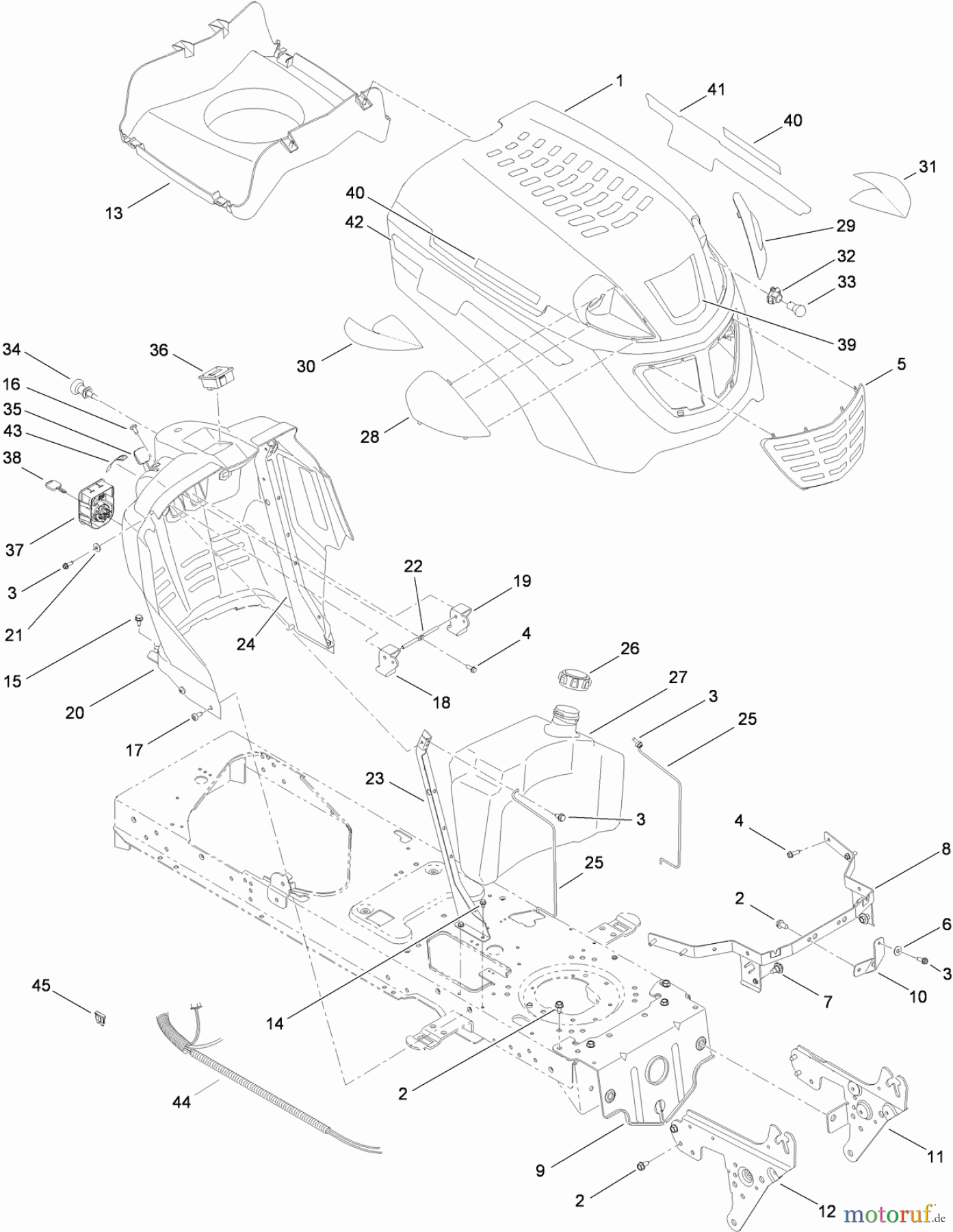  Toro Neu Mowers, Lawn & Garden Tractor Seite 1 13AP61RH848 (LX468) - Toro LX468 Lawn Tractor, 2009 (1-1) FUEL TANK, HOOD AND DASH ASSEMBLY
