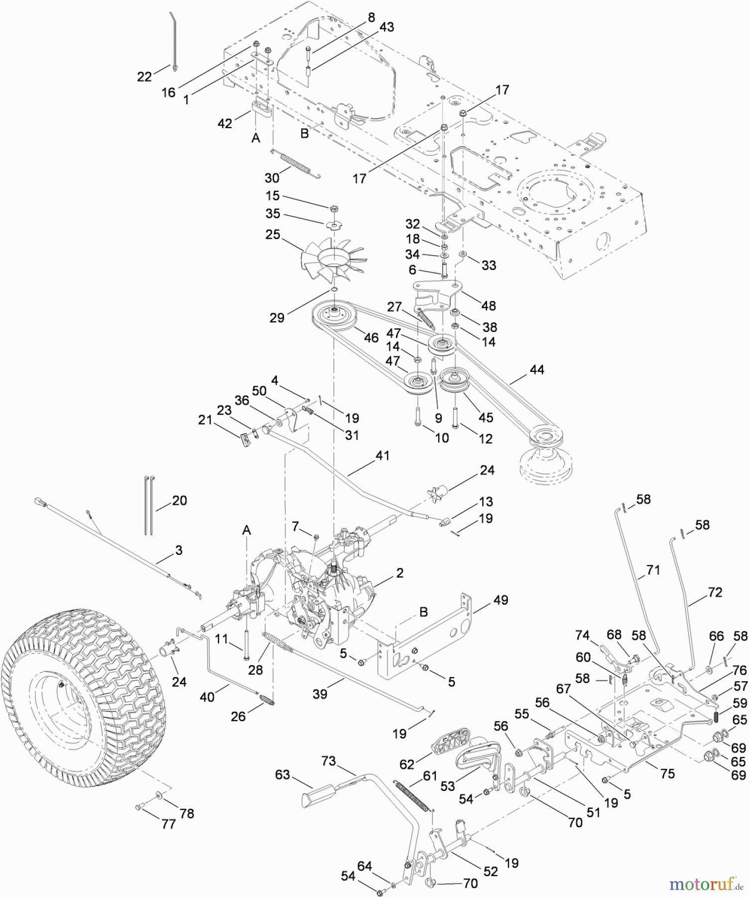  Toro Neu Mowers, Lawn & Garden Tractor Seite 1 13AP61RH848 (LX468) - Toro LX468 Lawn Tractor, 2009 (1-1) TRANSMISSION, BELT AND CONTROL PEDAL ASSEMBLY