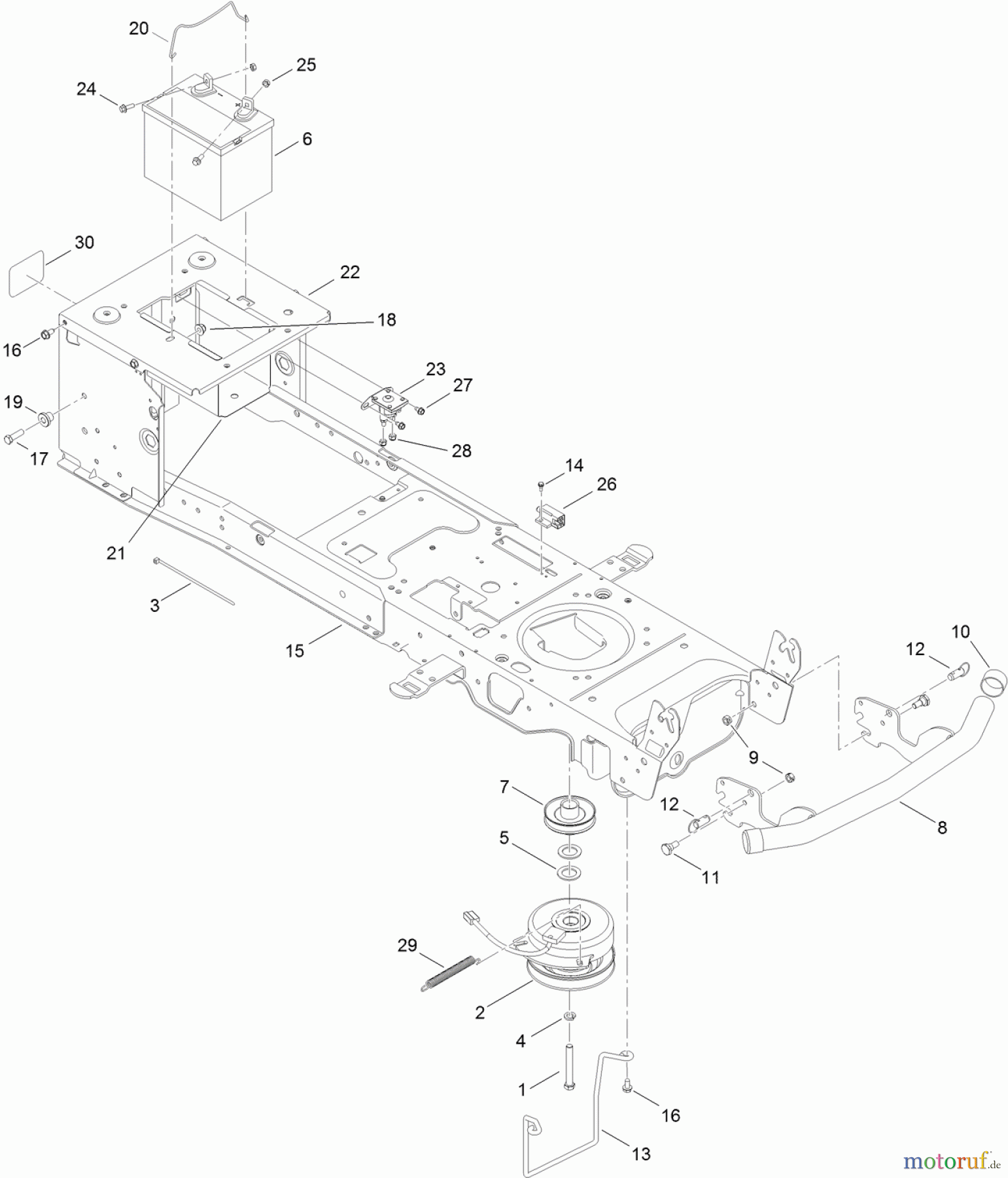 Toro Neu Mowers, Lawn & Garden Tractor Seite 1 13AP91RT848 (LX468) - Toro LX468 Lawn Tractor, 2011 (1-1) FRAME, BATTERY AND ELECTRIC PTO ASSEMBLY