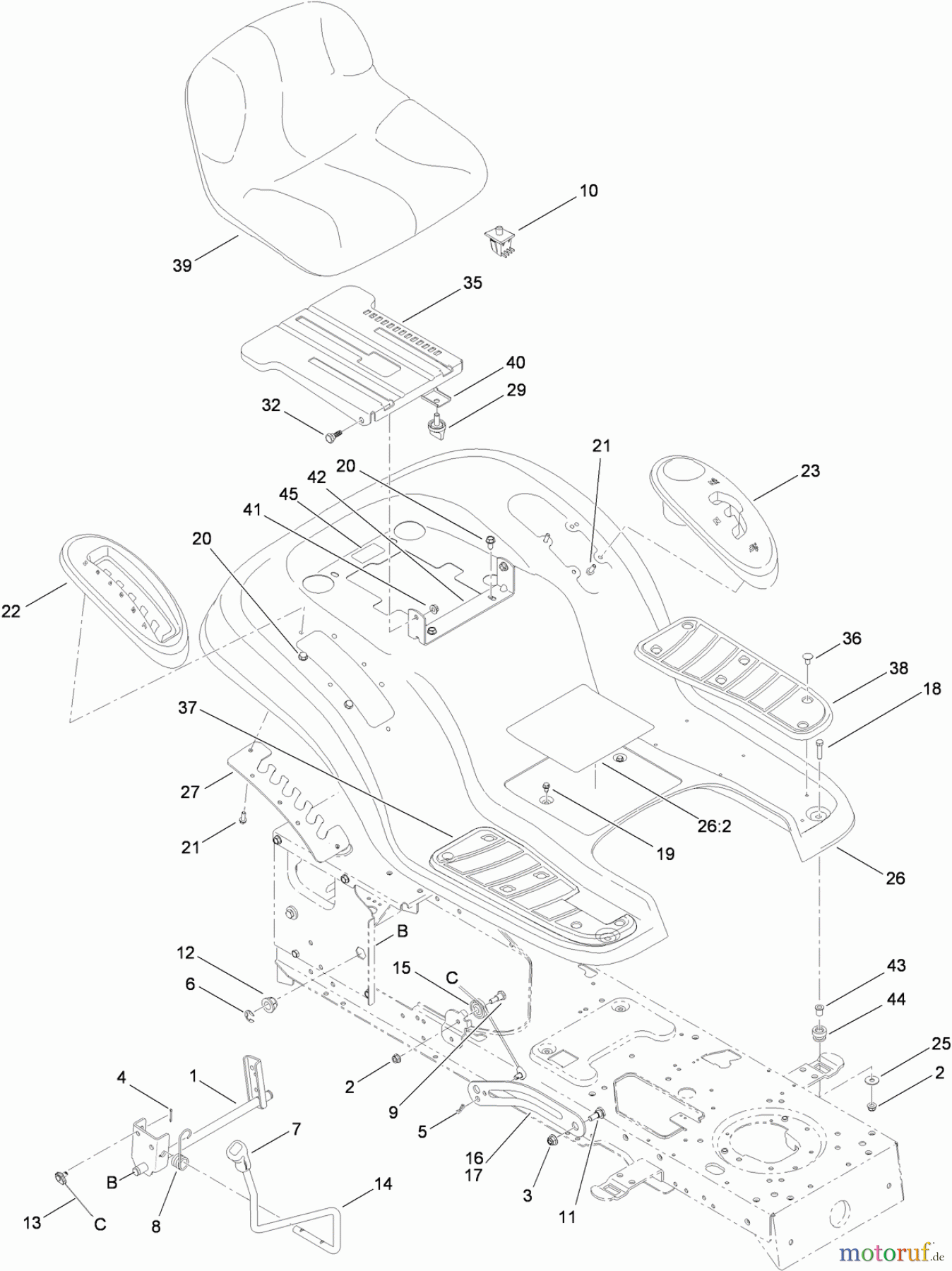  Toro Neu Mowers, Lawn & Garden Tractor Seite 1 13AX60RG848 (LX423) - Toro LX423 Lawn Tractor, 2009 (1-1) SEAT, FENDER AND DECK LIFT ASSEMBLY