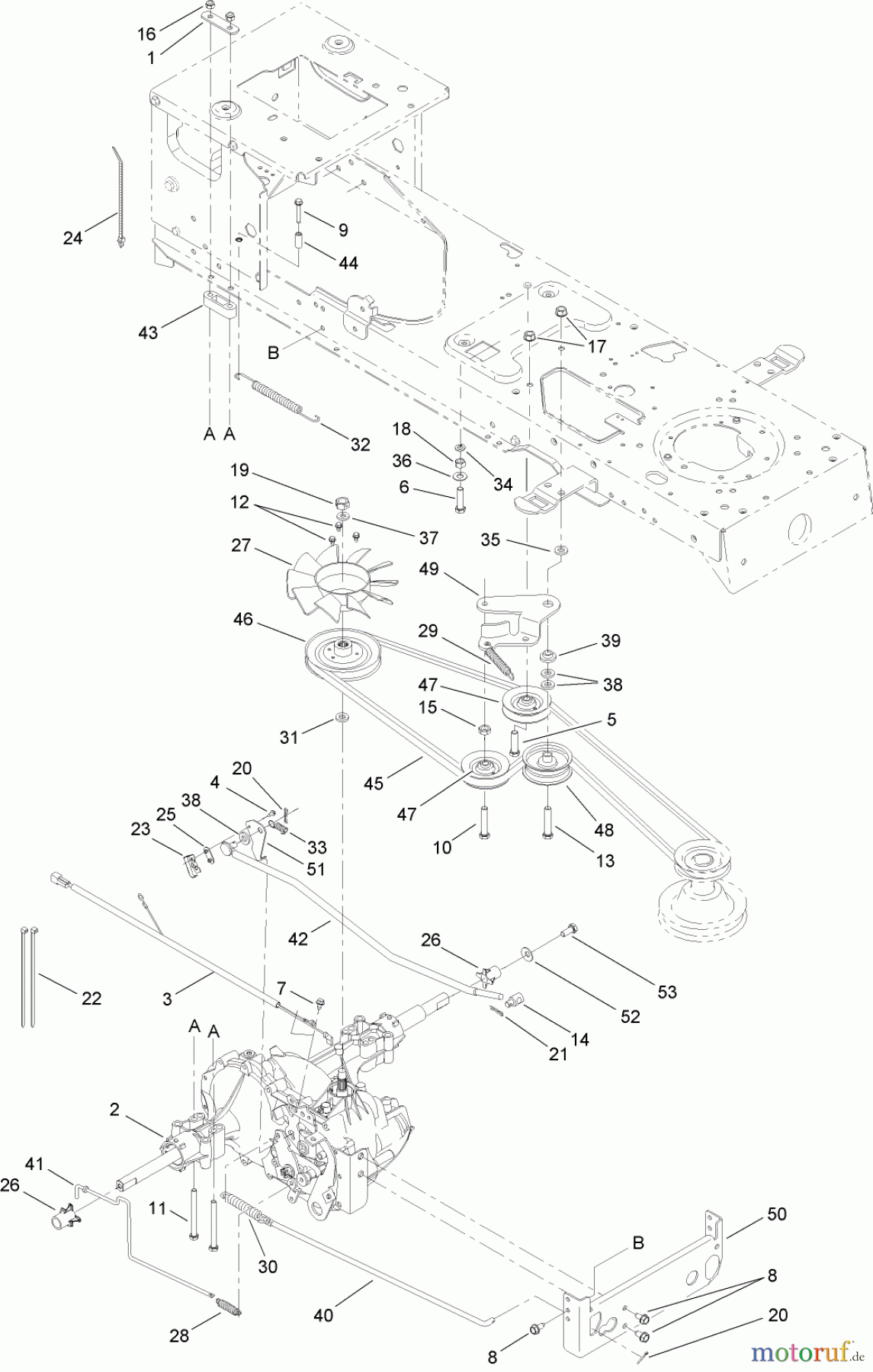  Toro Neu Mowers, Lawn & Garden Tractor Seite 1 13AX61RH544 (LX465) - Toro LX465 Lawn Tractor, 2007 (SN 1A117H10393-) TRANSMISSION, BELT AND PULLEY ASSEMBLY