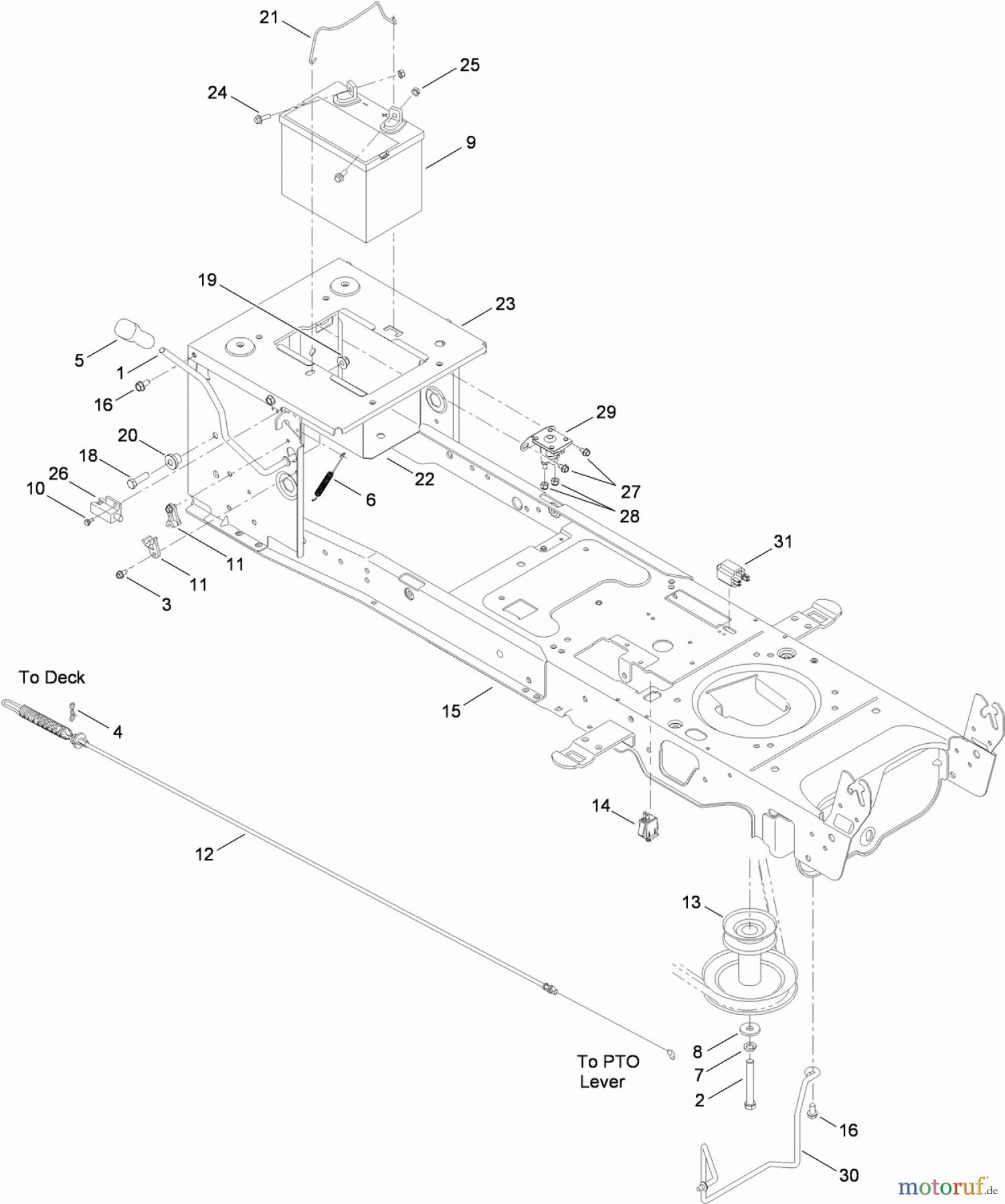  Toro Neu Mowers, Lawn & Garden Tractor Seite 1 13AX90RS848 (LX423) - Toro LX423 Lawn Tractor, 2010 (1-1) FRAME, BATTERY AND PTO ASSEMBLY