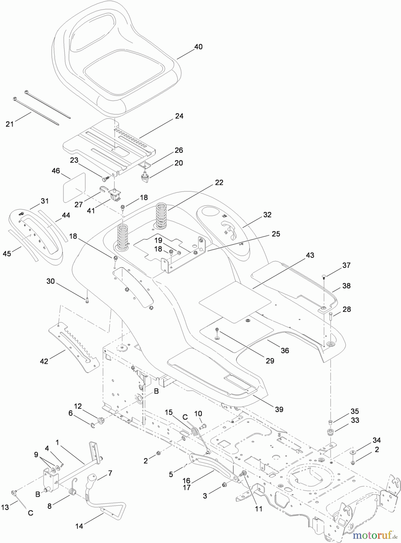  Toro Neu Mowers, Lawn & Garden Tractor Seite 1 13AX90RS848 (LX423) - Toro LX423 Lawn Tractor, 2012 (SN 1-1) SEAT, FENDER AND DECK LIFT ASSEMBLY