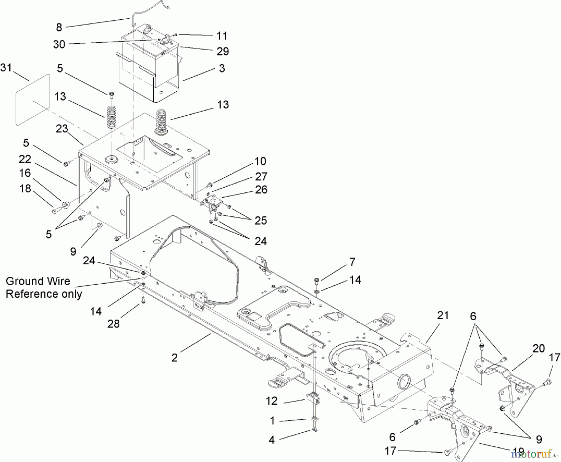  Toro Neu Mowers, Lawn & Garden Tractor Seite 1 13BX60RG748 (LX425) - Toro LX425 Lawn Tractor, 2007 (SN 1E087H10251-) FRAME AND BATTERY ASSEMBLY