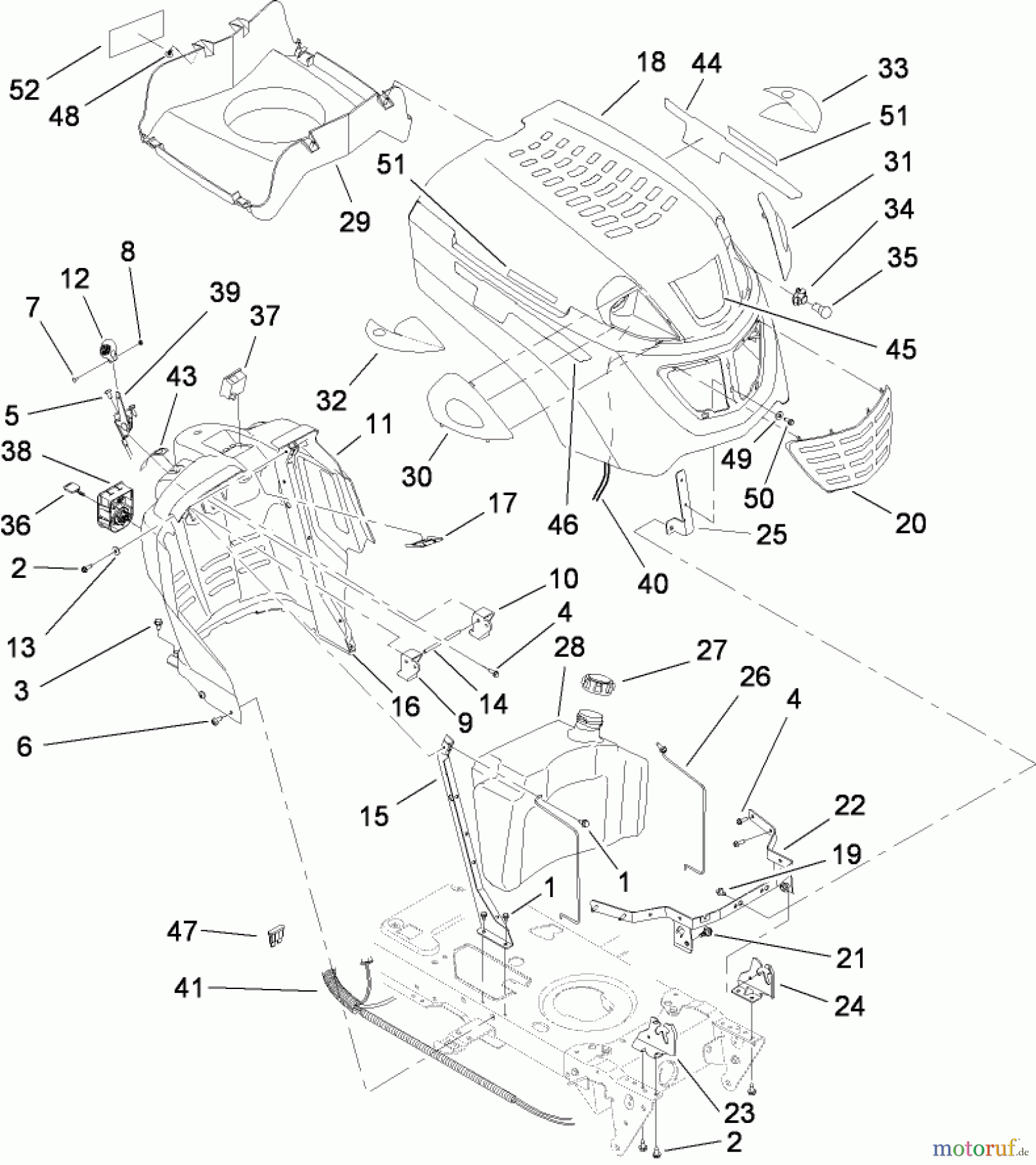  Toro Neu Mowers, Lawn & Garden Tractor Seite 1 13BX60RG748 (LX425) - Toro LX425 Lawn Tractor, 2007 (SN 1E087H10251-) FUEL TANK AND HOOD ASSEMBLY