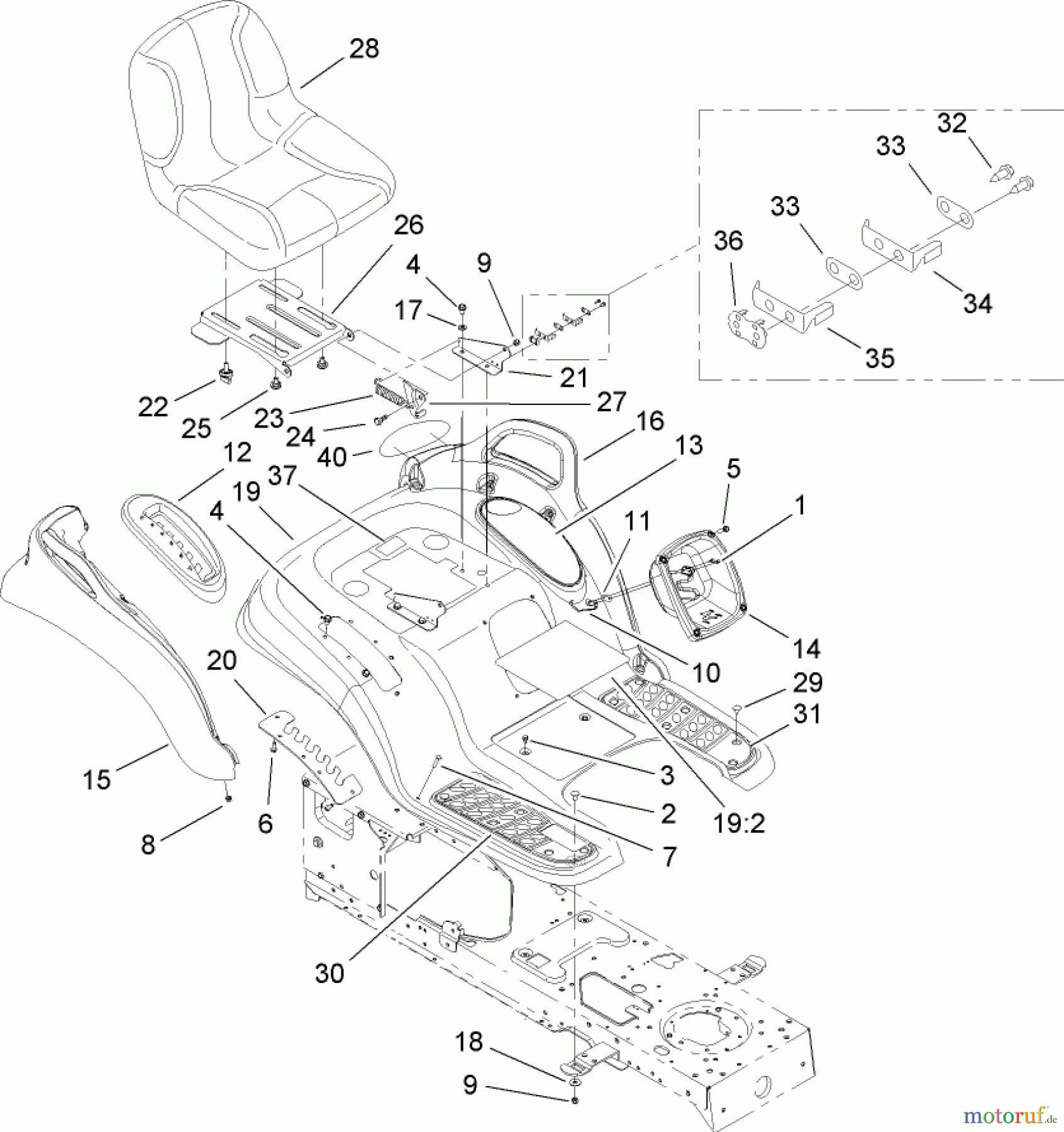 Toro Neu Mowers, Lawn & Garden Tractor Seite 1 14AP80RP544 (GT2100) - Toro GT2100 Garden Tractor, 2006 (1A136H30000-) SEAT AND FENDER ASSEMBLY