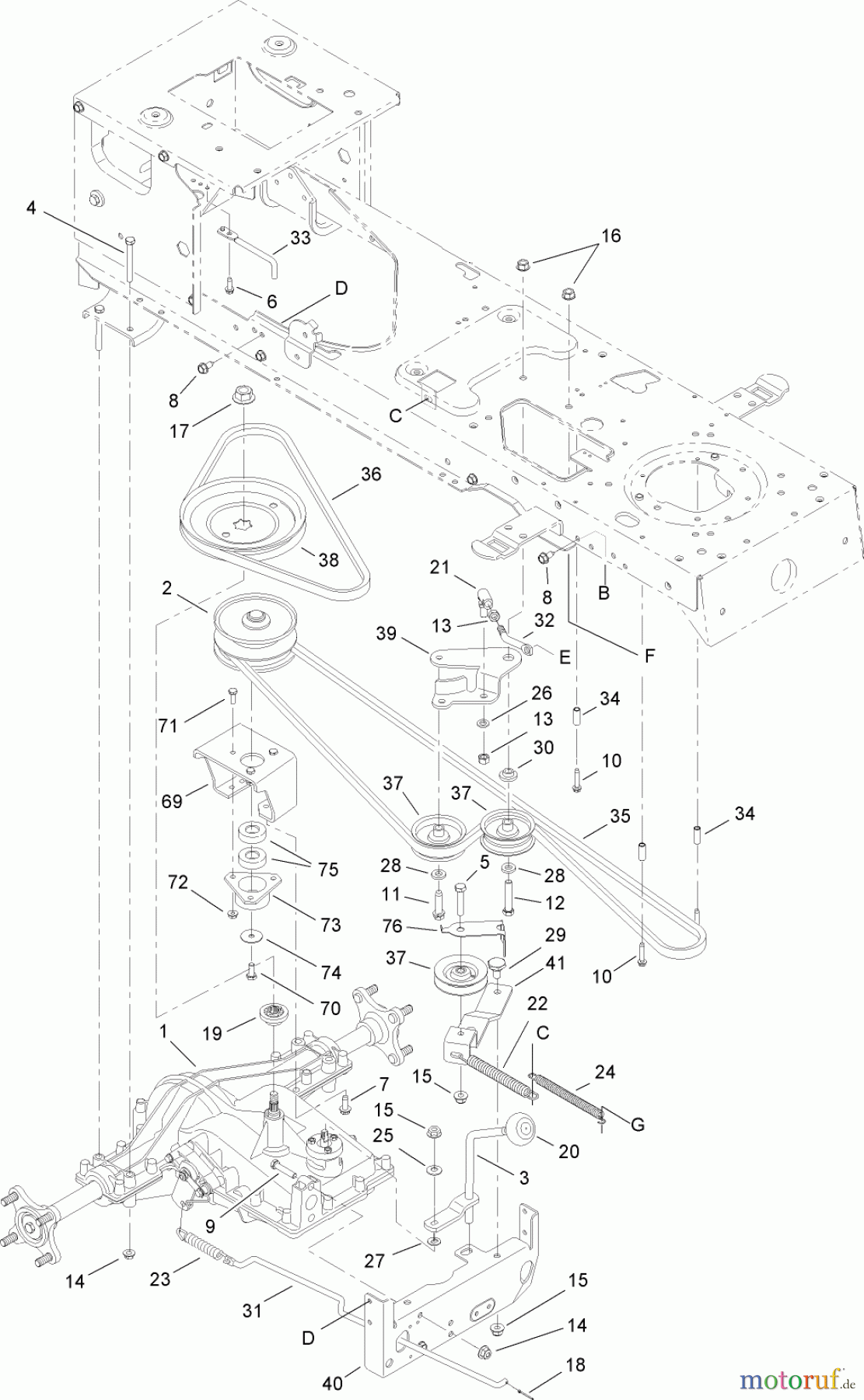  Toro Neu Mowers, Lawn & Garden Tractor Seite 1 14AP80RP744 (GT2100) - Toro GT2100 Garden Tractor, 2006 (1A136H30000-) TRANSMISSION, BELT AND PULLEY ASSEMBLY