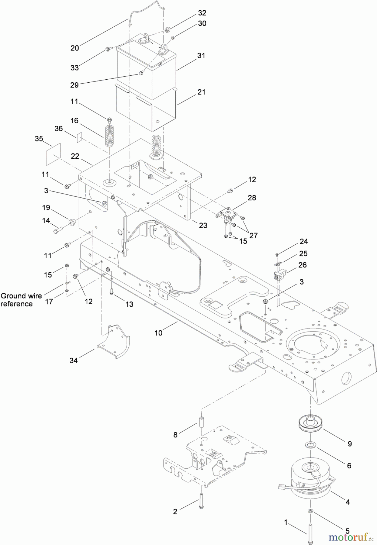  Toro Neu Mowers, Lawn & Garden Tractor Seite 1 14AQ81RP544 (GT2200) - Toro GT2200 Garden Tractor, 2008 (SN 1-) FRAME, BATTERY AND ELECTRIC PTO ASSEMBLY