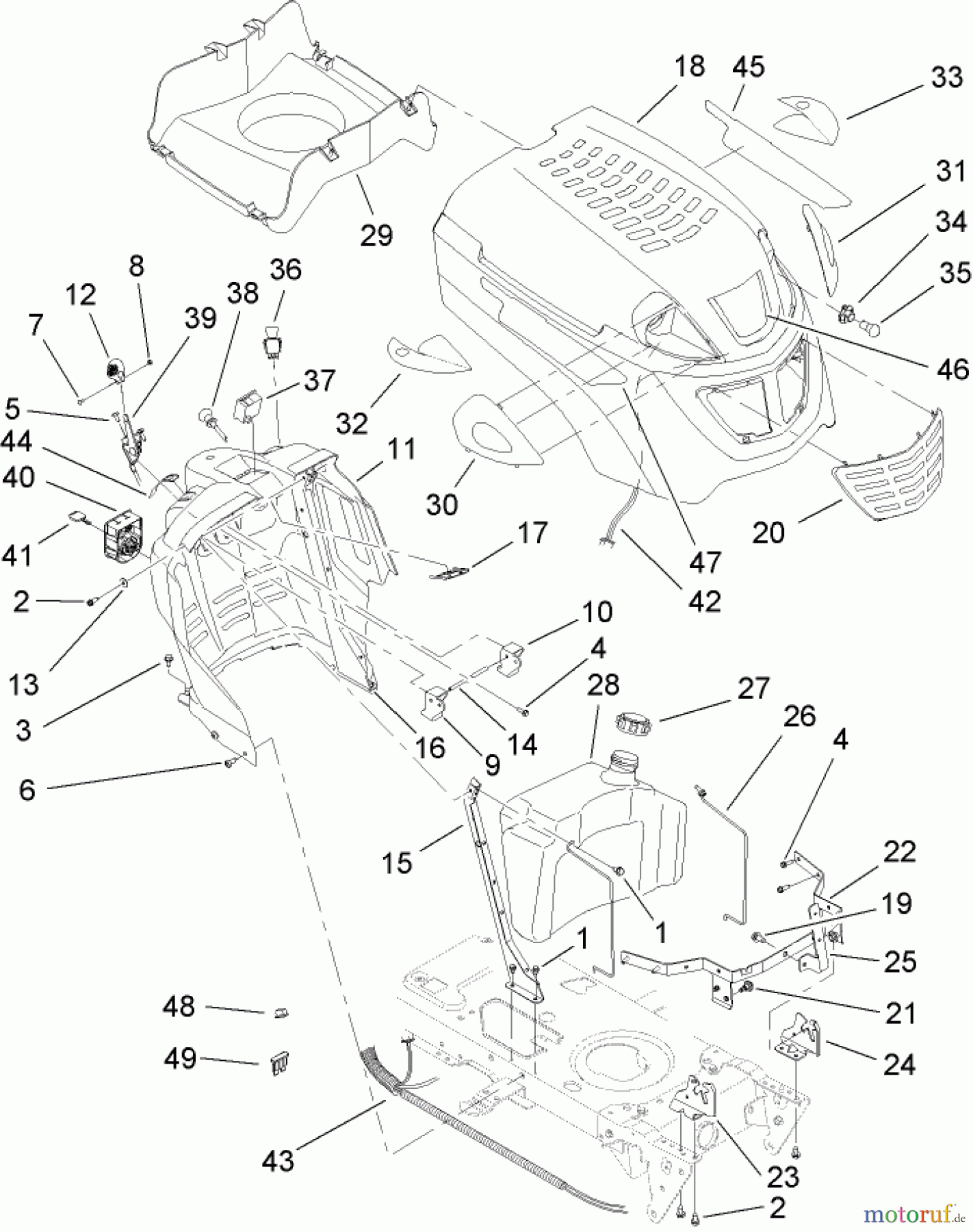 Toro Neu Mowers, Lawn & Garden Tractor Seite 1 14AQ81RP744 (GT2200) - Toro GT2200 Garden Tractor, 2006 (1A136H30000-) FUEL TANK AND HOOD ASSEMBLY
