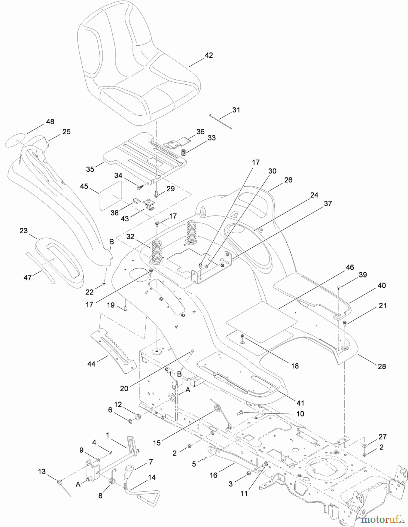  Toro Neu Mowers, Lawn & Garden Tractor Seite 1 14AQ94RP848 (GT2200) - Toro GT2200 Garden Tractor, 2012 (SN 1-1) SEAT, FENDER AND DECK LIFT ASSEMBLY