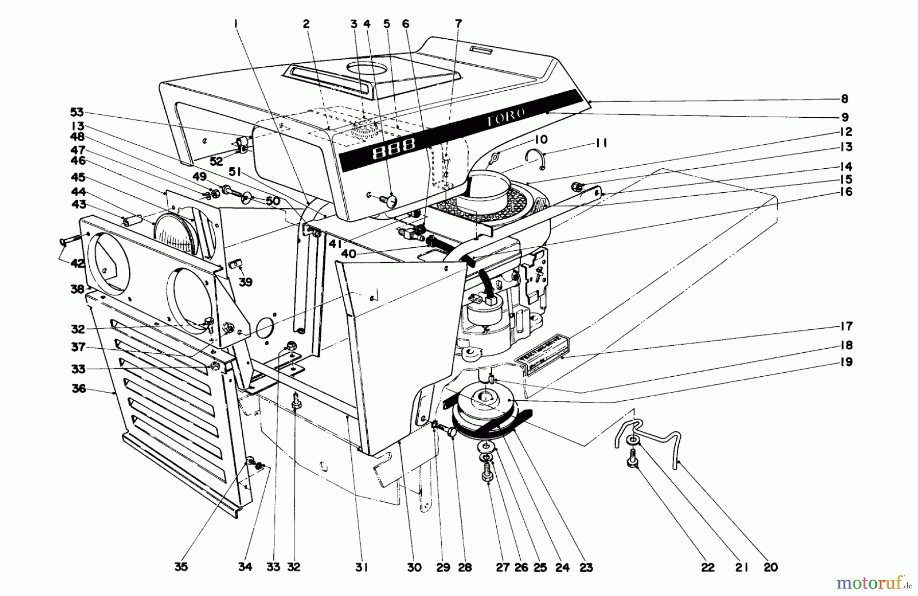  Toro Neu Mowers, Lawn & Garden Tractor Seite 1 55275 (888) - Toro 888 Toromatic Tractor, 1972 (2000001-2999999) HOOD AND ENGINE ASSEMBLY