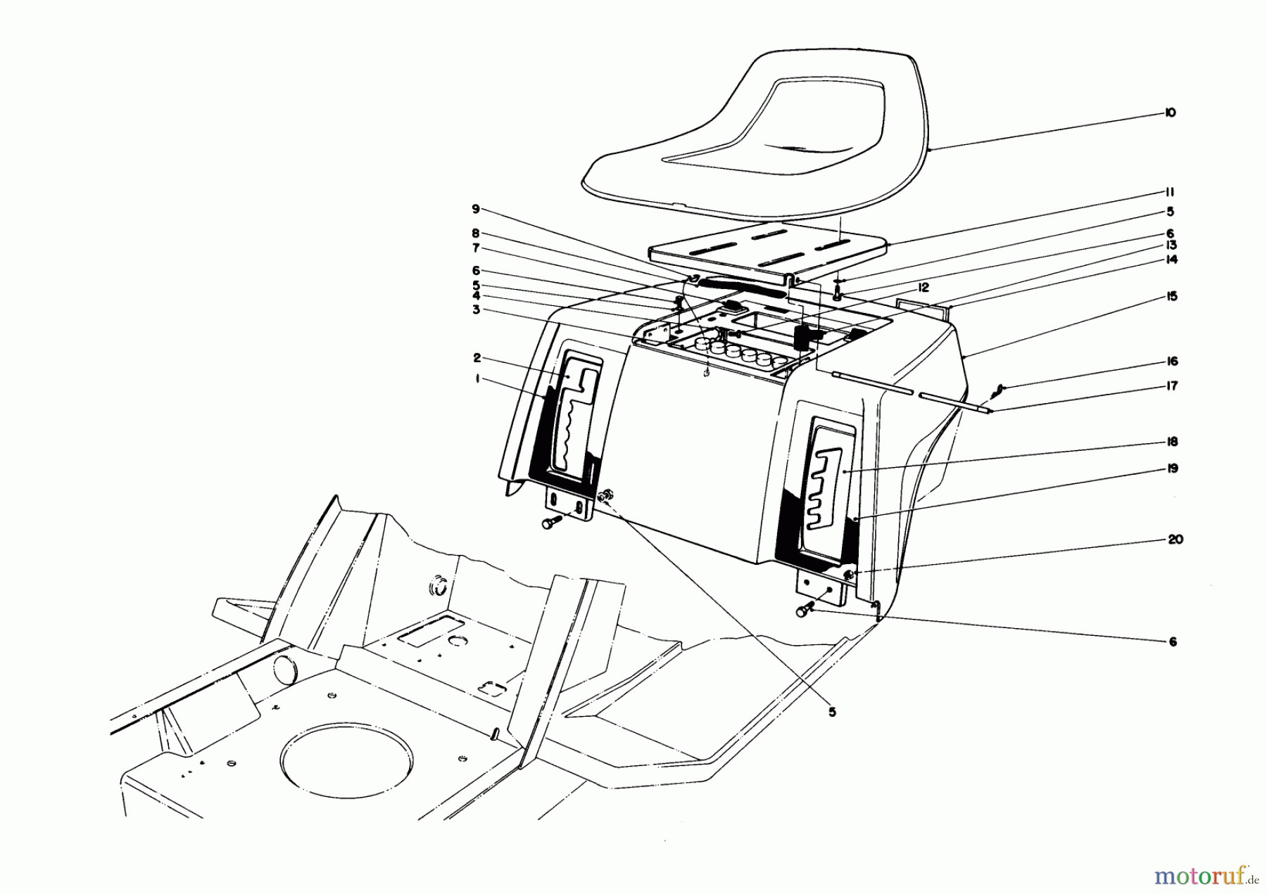  Toro Neu Mowers, Lawn & Garden Tractor Seite 1 57300 (8-32) - Toro 8-32 Front Engine Rider, 1977 (7000001-7999999) REAR BODY & SEAT ASSEMBLY