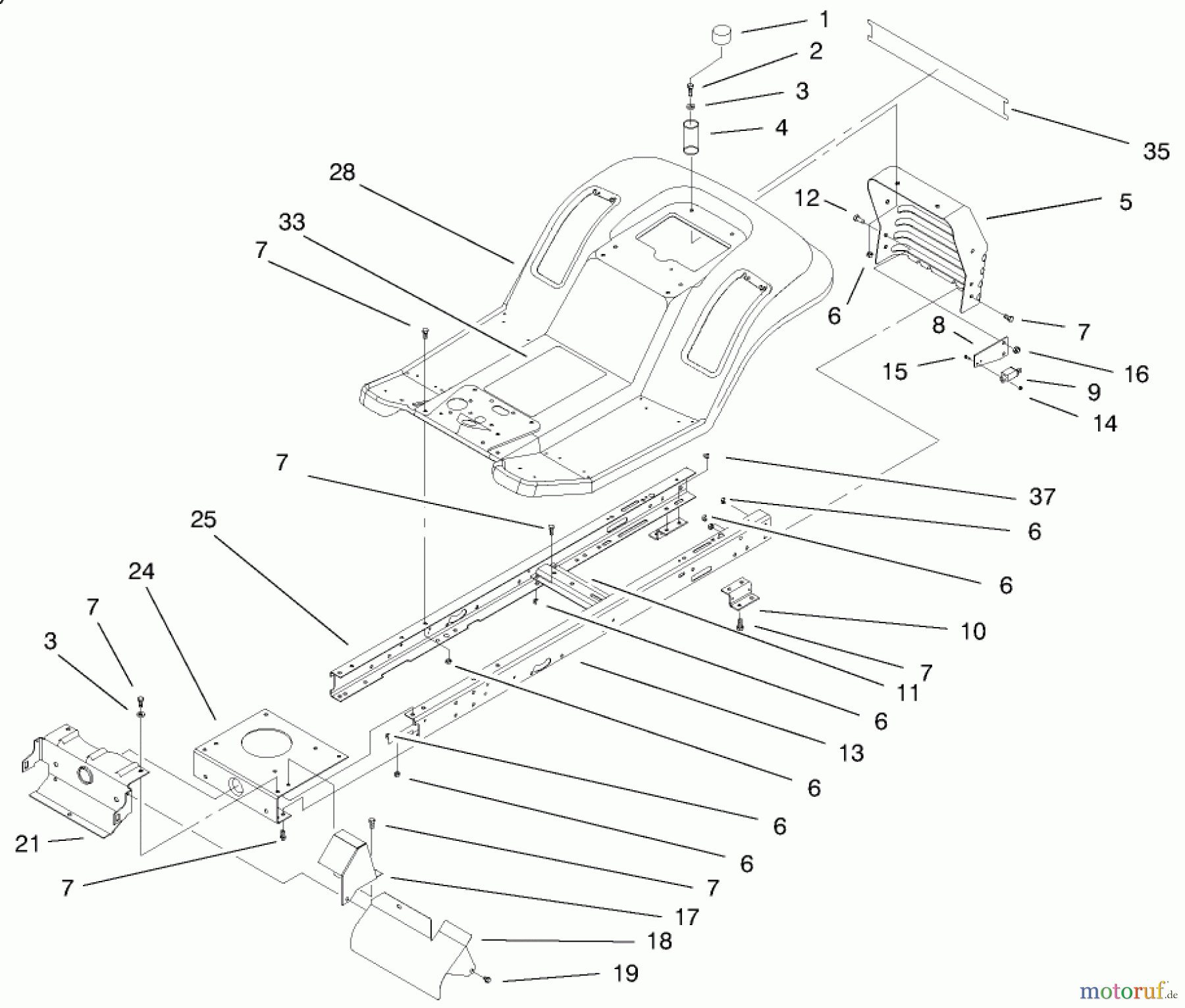  Toro Neu Mowers, Lawn & Garden Tractor Seite 1 71209 (13-32XLE) - Toro 13-32XLE Lawn Tractor, 1999 (9900001-9999999) FRAME & BODY ASSEMBLY