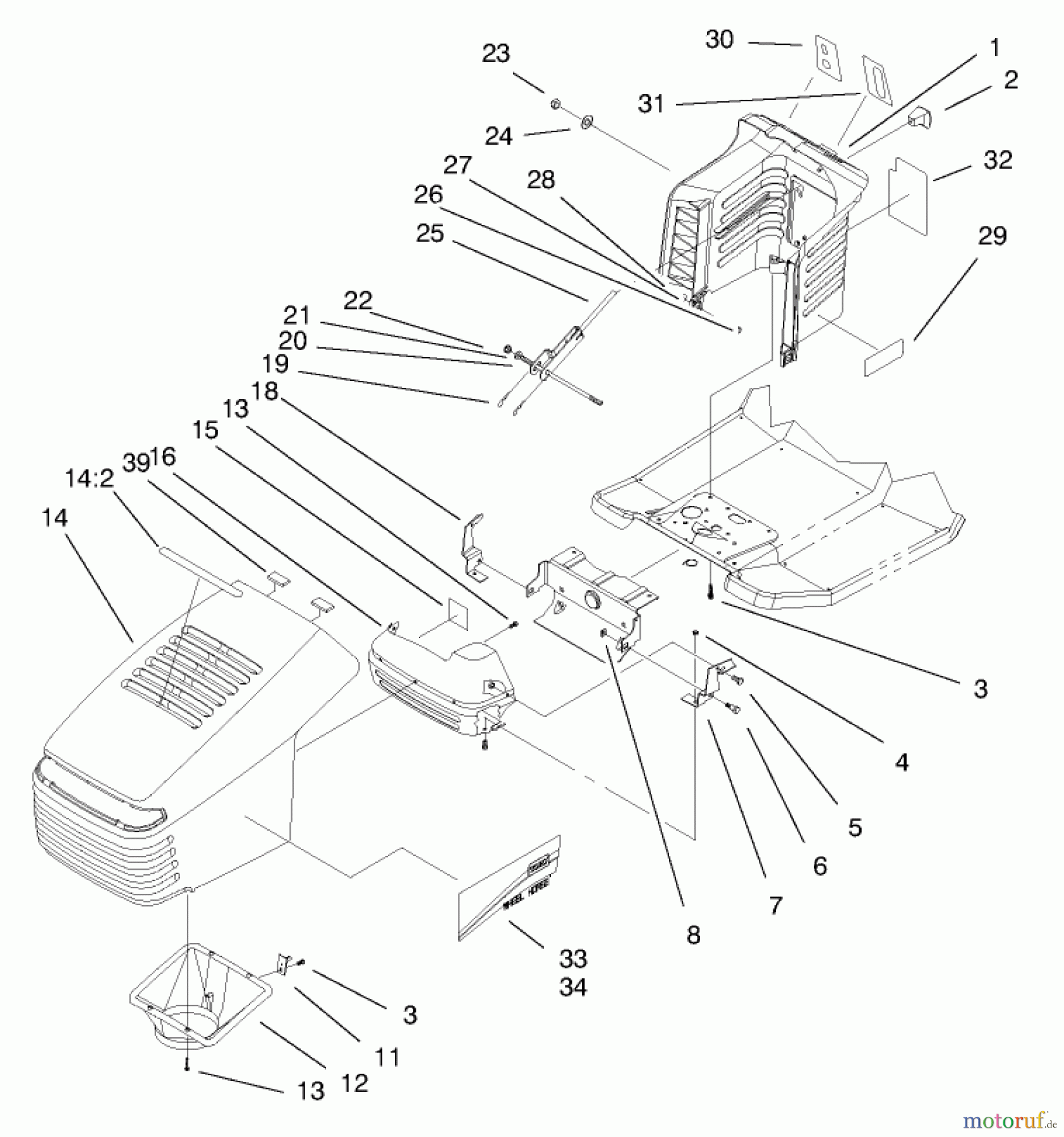  Toro Neu Mowers, Lawn & Garden Tractor Seite 1 71209 (13-32XLE) - Toro 13-32XLE Lawn Tractor, 2000 (200000001-200999999) HOOD & TOWER ASSEMBLY