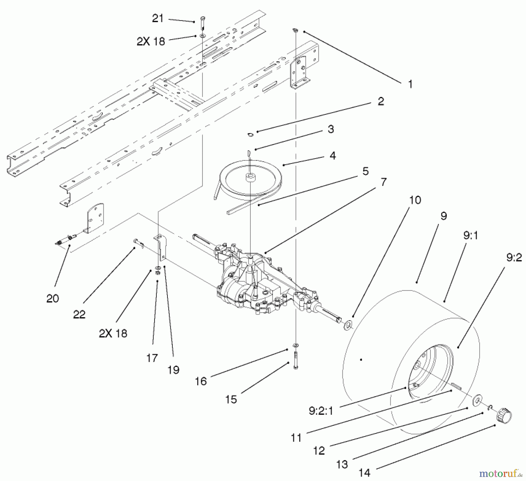  Toro Neu Mowers, Lawn & Garden Tractor Seite 1 71209 (13-32XLE) - Toro 13-32XLE Lawn Tractor, 2001 (210000001-210999999) 5 SPEED TRANSAXLE ASSEMBLY