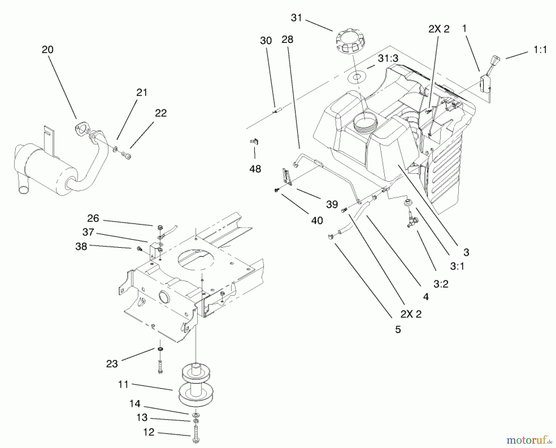 Toro Neu Mowers, Lawn & Garden Tractor Seite 1 71209 (13-32XLE) - Toro 13-32XLE Lawn Tractor, 2002 (220010001-220999999) ENGINE SYSTEMS COMPONENTS ASSEMBLY