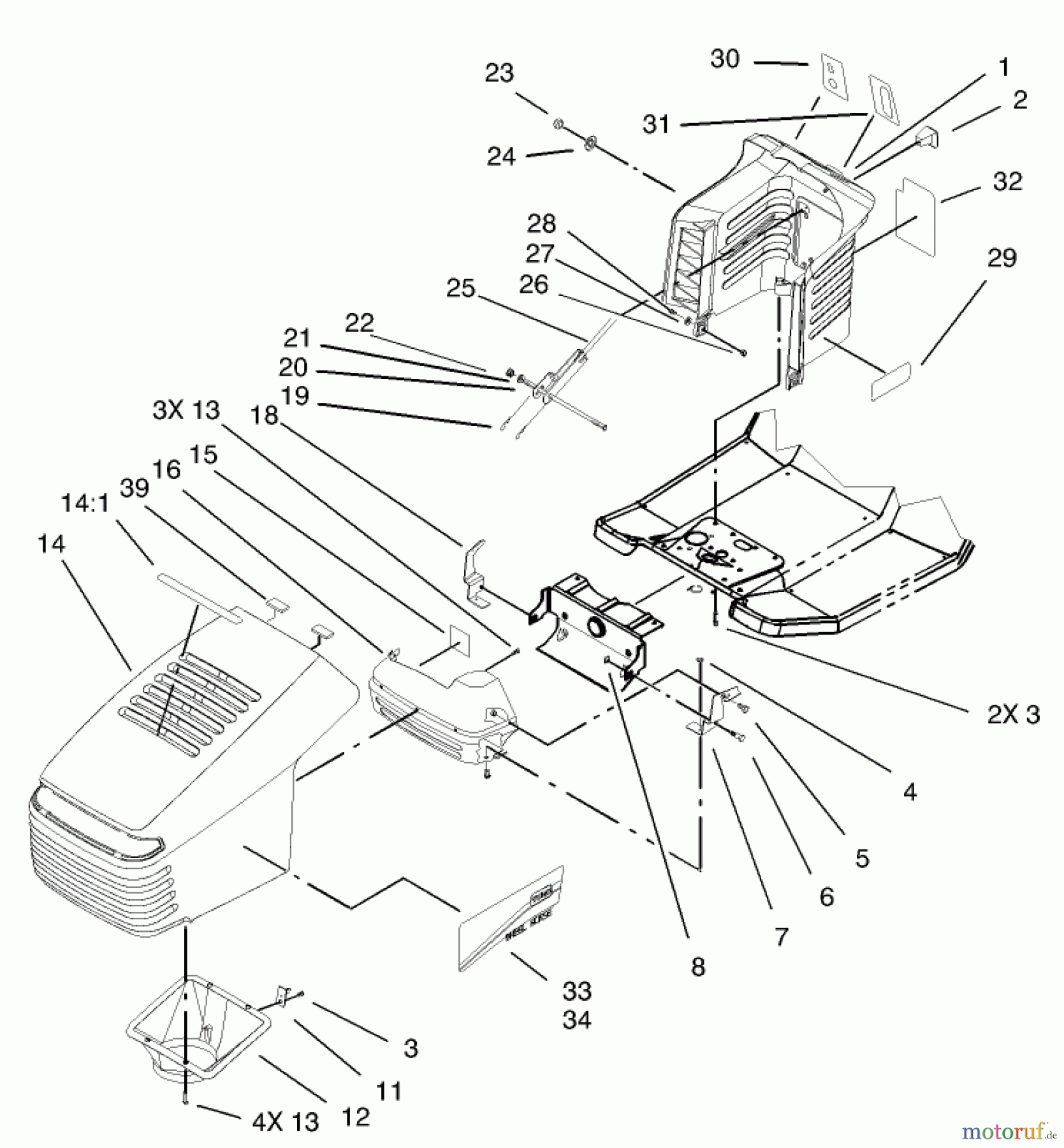 Toro Neu Mowers, Lawn & Garden Tractor Seite 1 71209 (13-32XLE) - Toro 13-32XLE Lawn Tractor, 2003 (230000001-230999999) HOOD AND TOWER ASSEMBLY