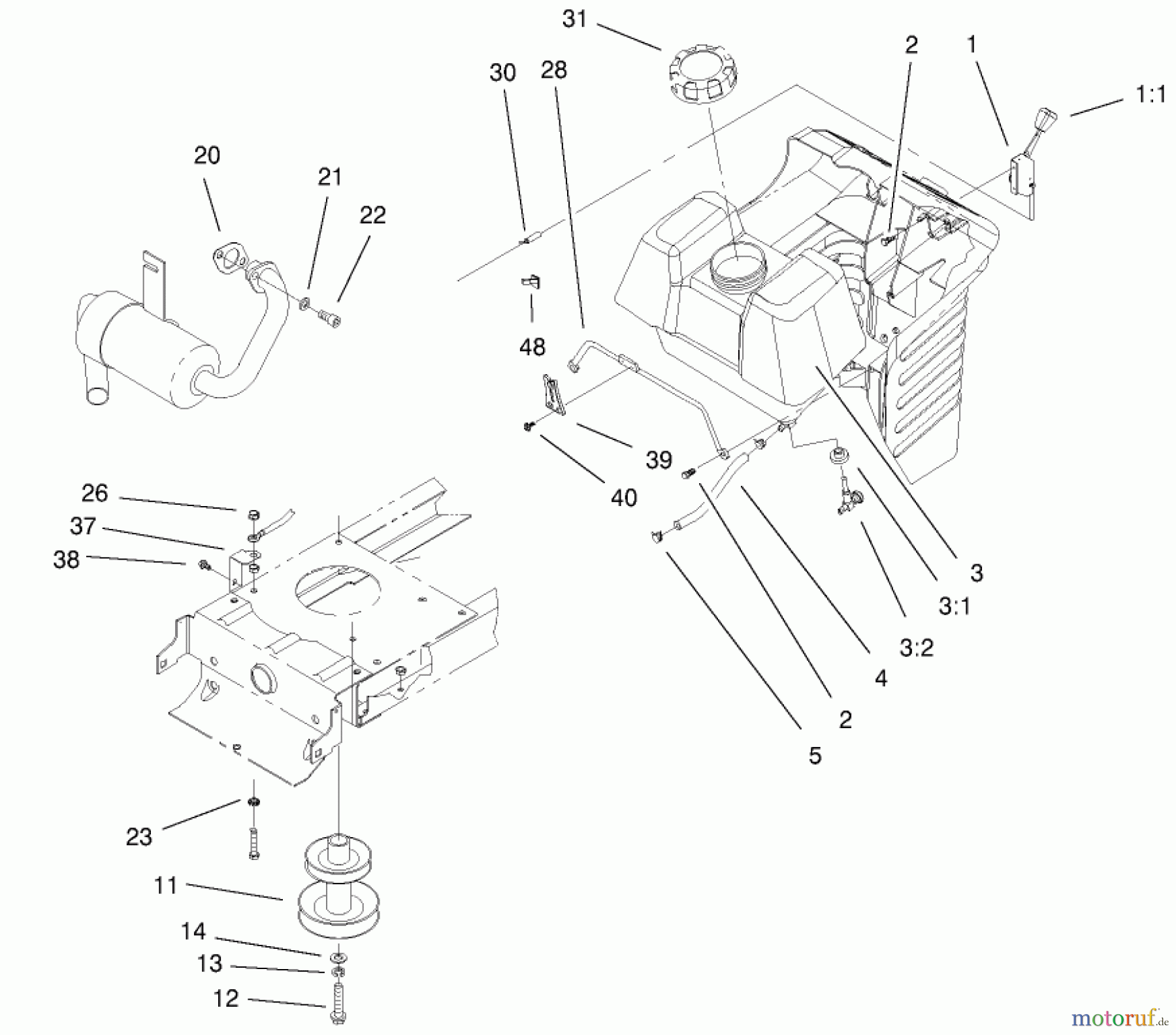  Toro Neu Mowers, Lawn & Garden Tractor Seite 1 71300 (12-32XL) - Toro 12-32XL Lawn Tractor, 2000 (200000001-200999999) ENGINE SYSTEMS COMPONENTS ASSEMBLY