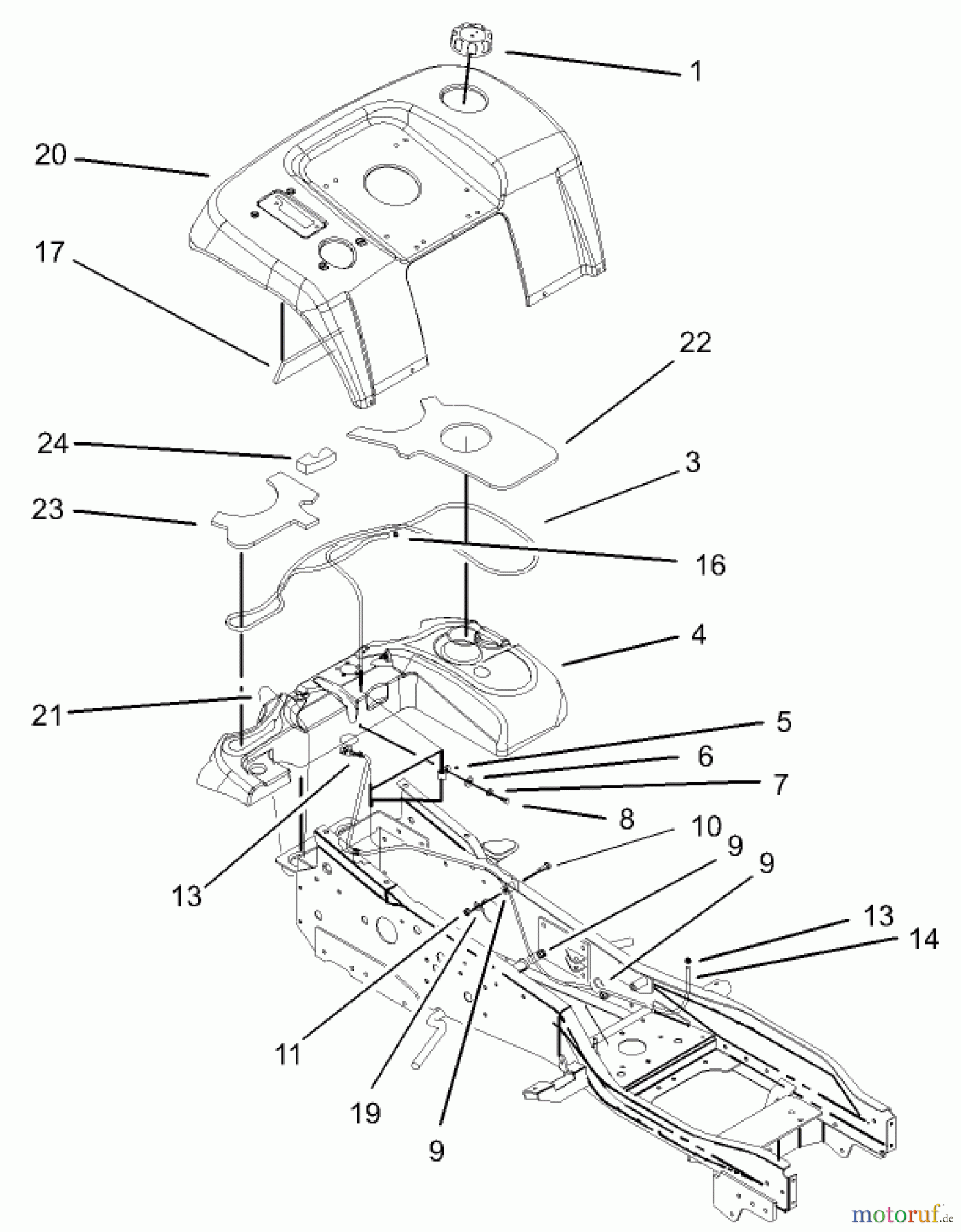  Toro Neu Mowers, Lawn & Garden Tractor Seite 1 73561 (550) - Toro 550 Garden Tractor, 2005 (250000001-250999999) FENDER AND FUEL SYSTEM ASSEMBLY